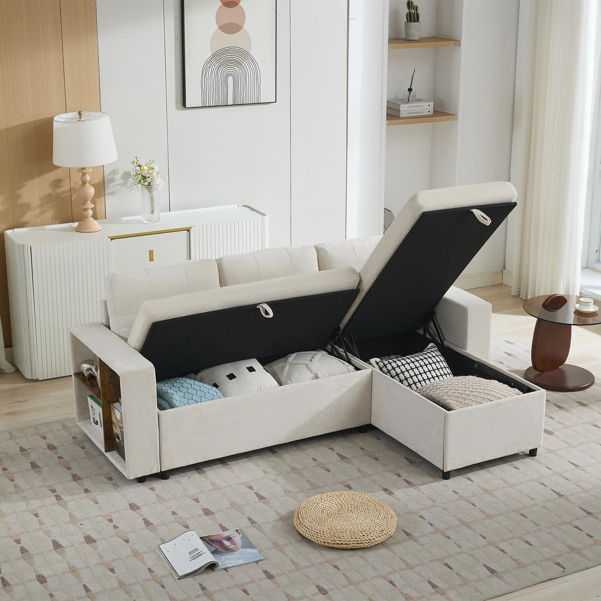 3-SITZER mit Stauraum, wechselbarer Chaiselongue und Chenille in Beige - Beige, Textil (202/85/136cm) - EVRYAE