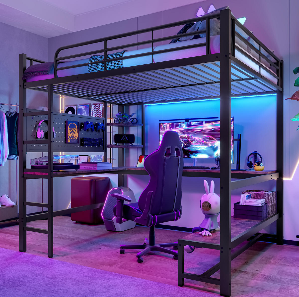 HOCHBETT 140/200 cm aus Metall/MDF mit Schreibtisch, LED-Leiste und USB-C-Anschluss Schwarz - Schwarz, Metall (140/200cm) - Modenvie