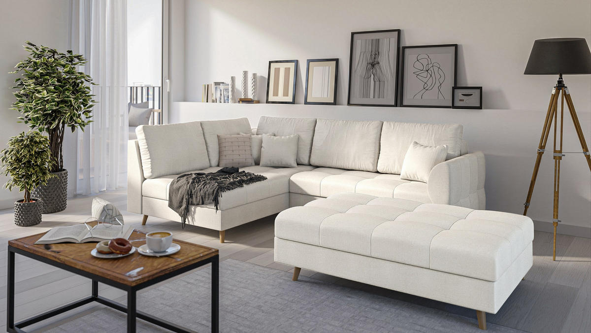 ECKSOFA MIT HOCKER Lorine Mikrofaser Ecru - Ecru/Hellbraun, Buchenholz/Textil (231/161cm) - S-Style Möbel