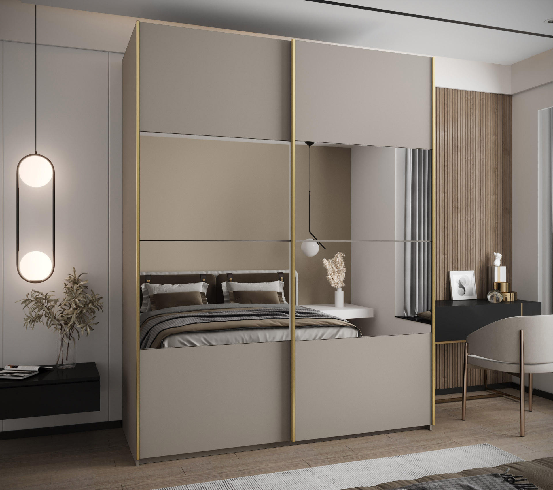 SCHWEBETÜRENSCHRANK 245,5/190/64 2-türig - Kaschmir/Goldfarben, Holz/Metall (190/245/64cm) - Abiks Möbel