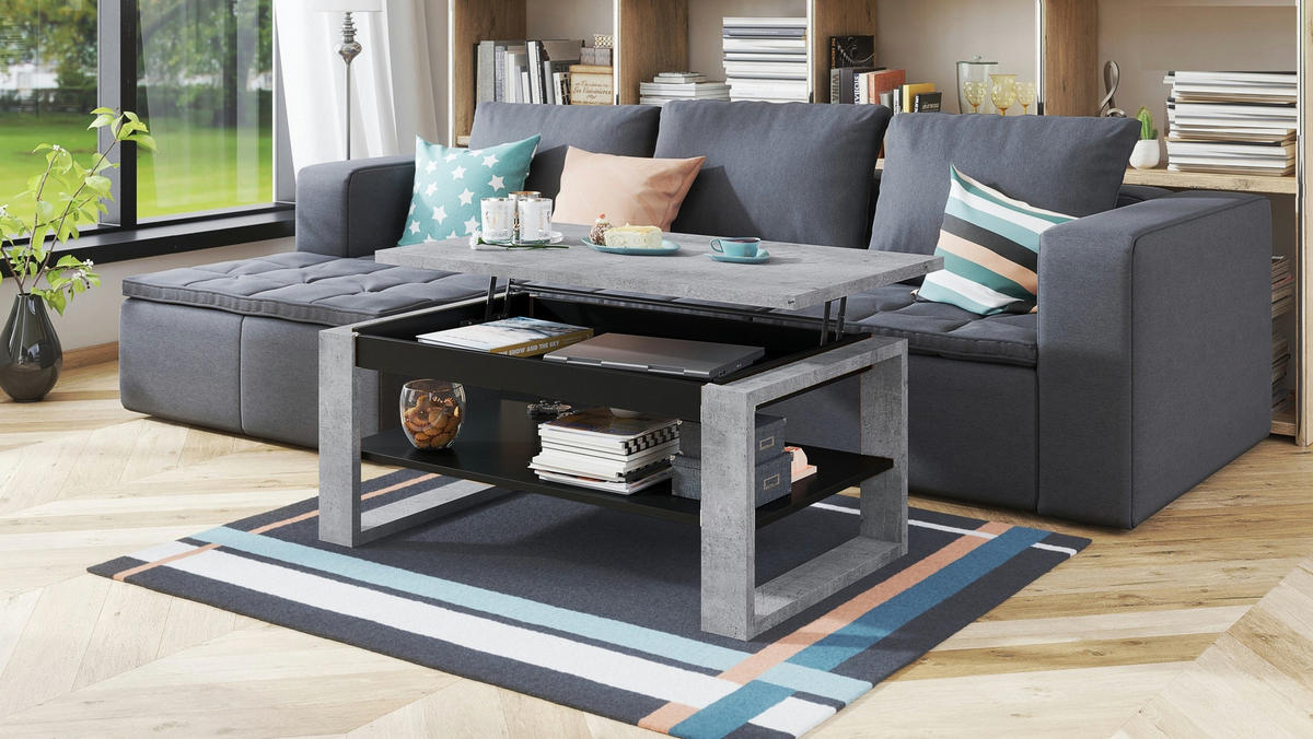 COUCHTISCH rechteckig Beton - Schwarz aufklappbar 110/65/50 cm - Hellgrau/Schwarz, Holzwerkstoff (65/110/50cm) - designimpex