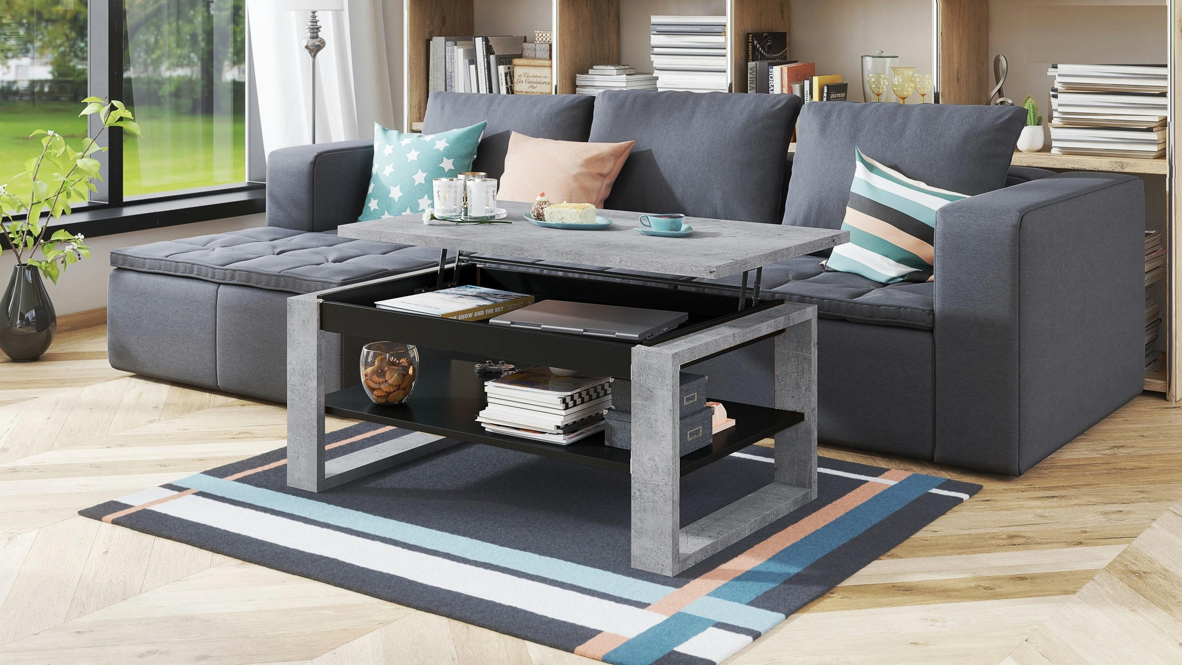 Thumbnail - designimpex Couchtisch, Schwarz, Hellgrau, Holzwerkstoff, 110x50x65 cm, Wohnzimmer, Wohnzimmertische, Couchtische