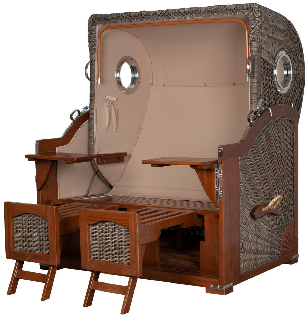 STRANDKORB Komplettset: Ammersee Grande XL Mahagoni Bullauge - PE grau - Modell 506 - Beige/Grün, Holz/Kunststoff (142/165/95cm) - bene living