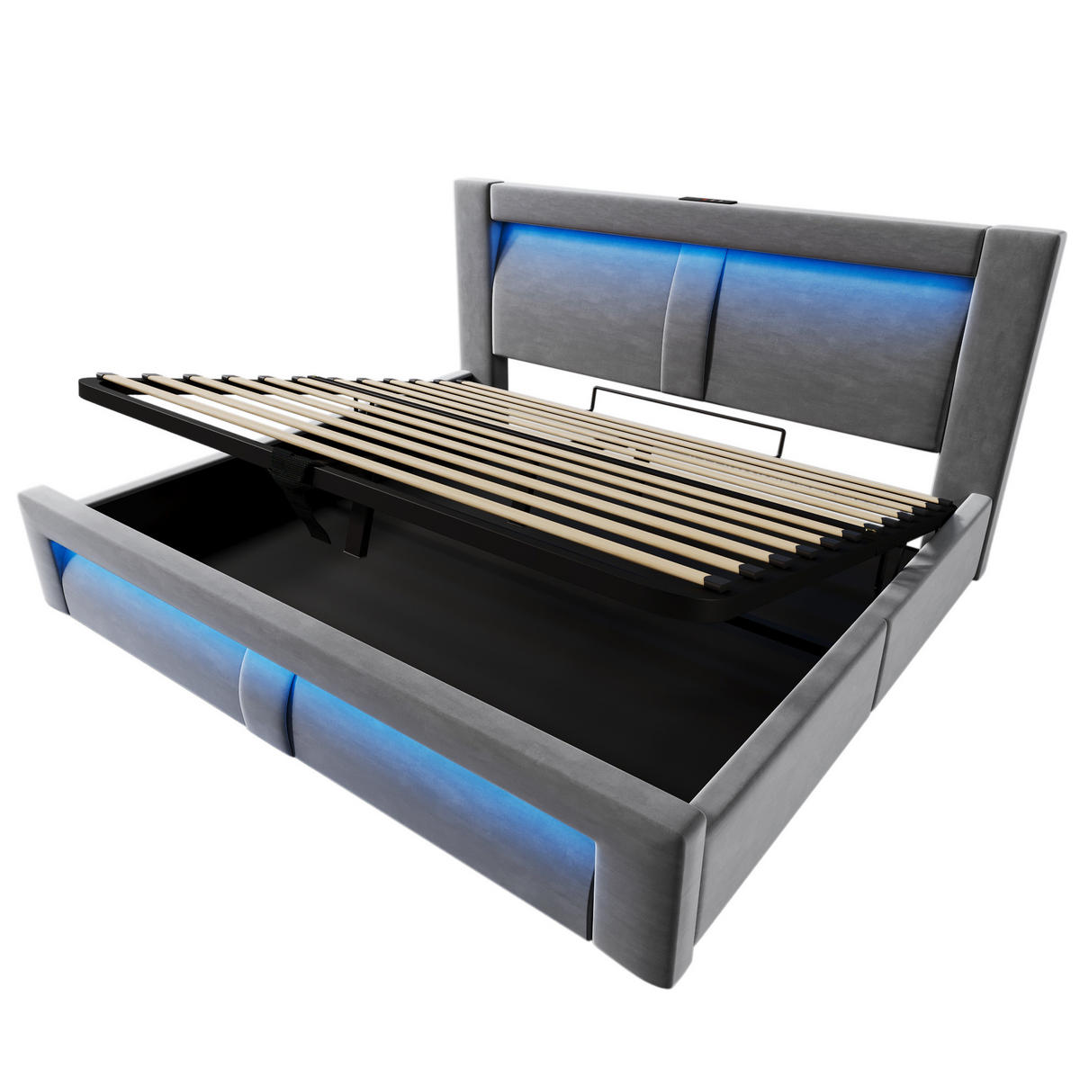 POLSTERBETT 140/200 cm grau aus Samt mit Stauraum, LED und Ladefunktion - Grau, Textil (140/200cm) - OKWISH
