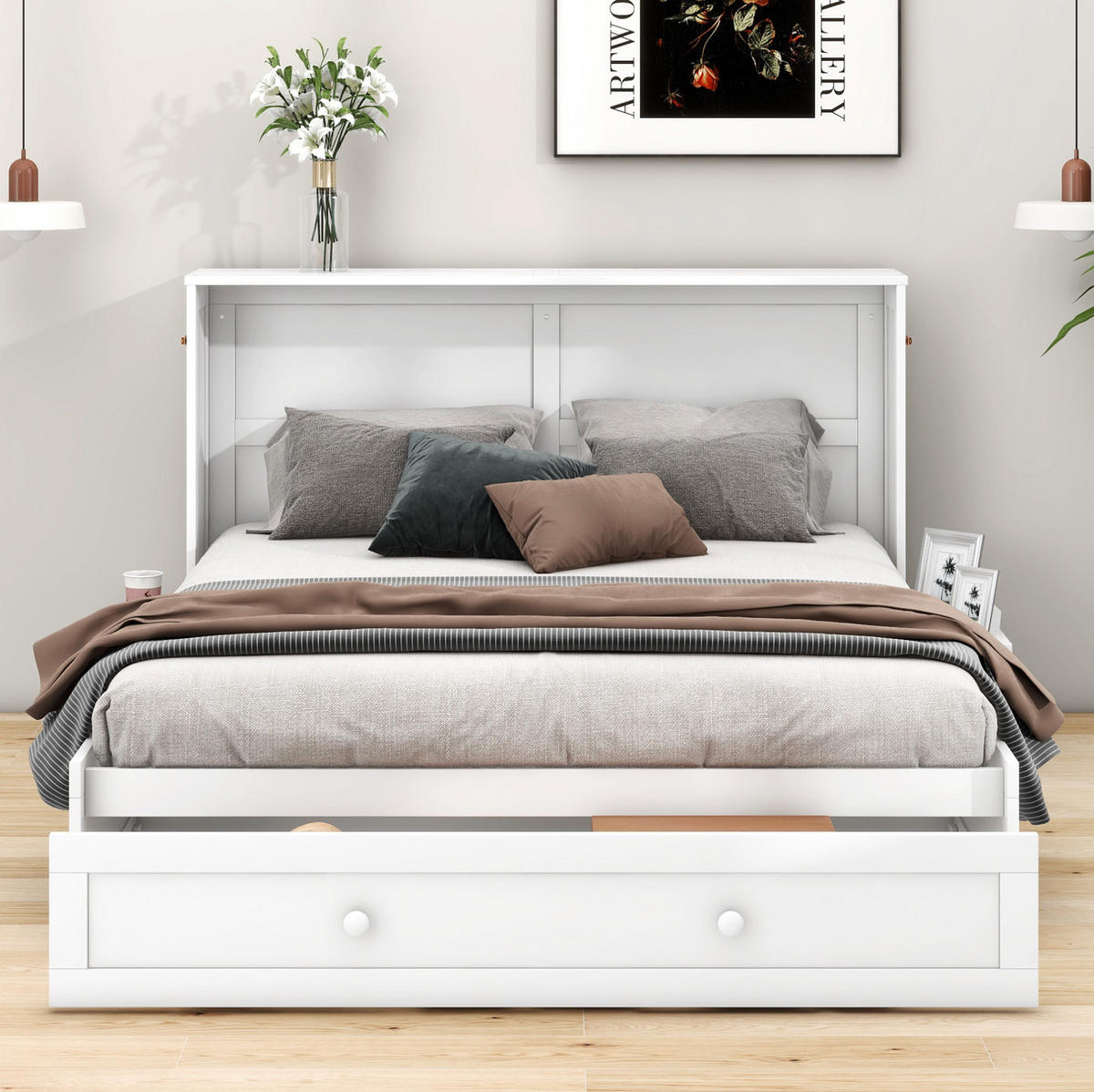 BETT 140/200 cm Weiß mit Schublade und seitlichen Regalen - Weiß, Holz (140/200cm) - Flora Grace