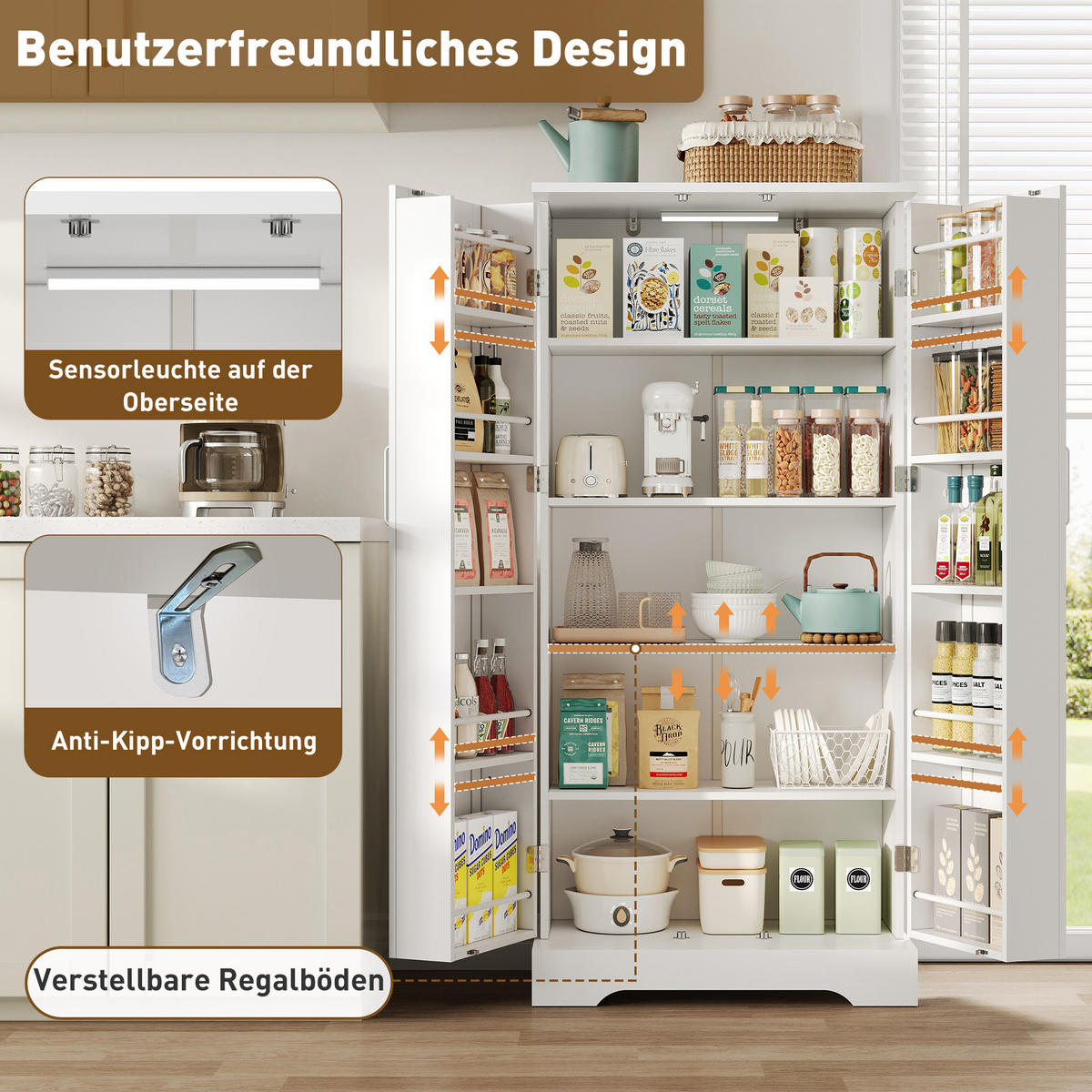ANRICHTE mit 2 Türen, LED-Beleuchtung und verstellbaren Einlegeböden, 60 x 35 x 128 cm, Weiß, MDF - Weiß, Holzwerkstoff (60/128/35cm) - SONNENH