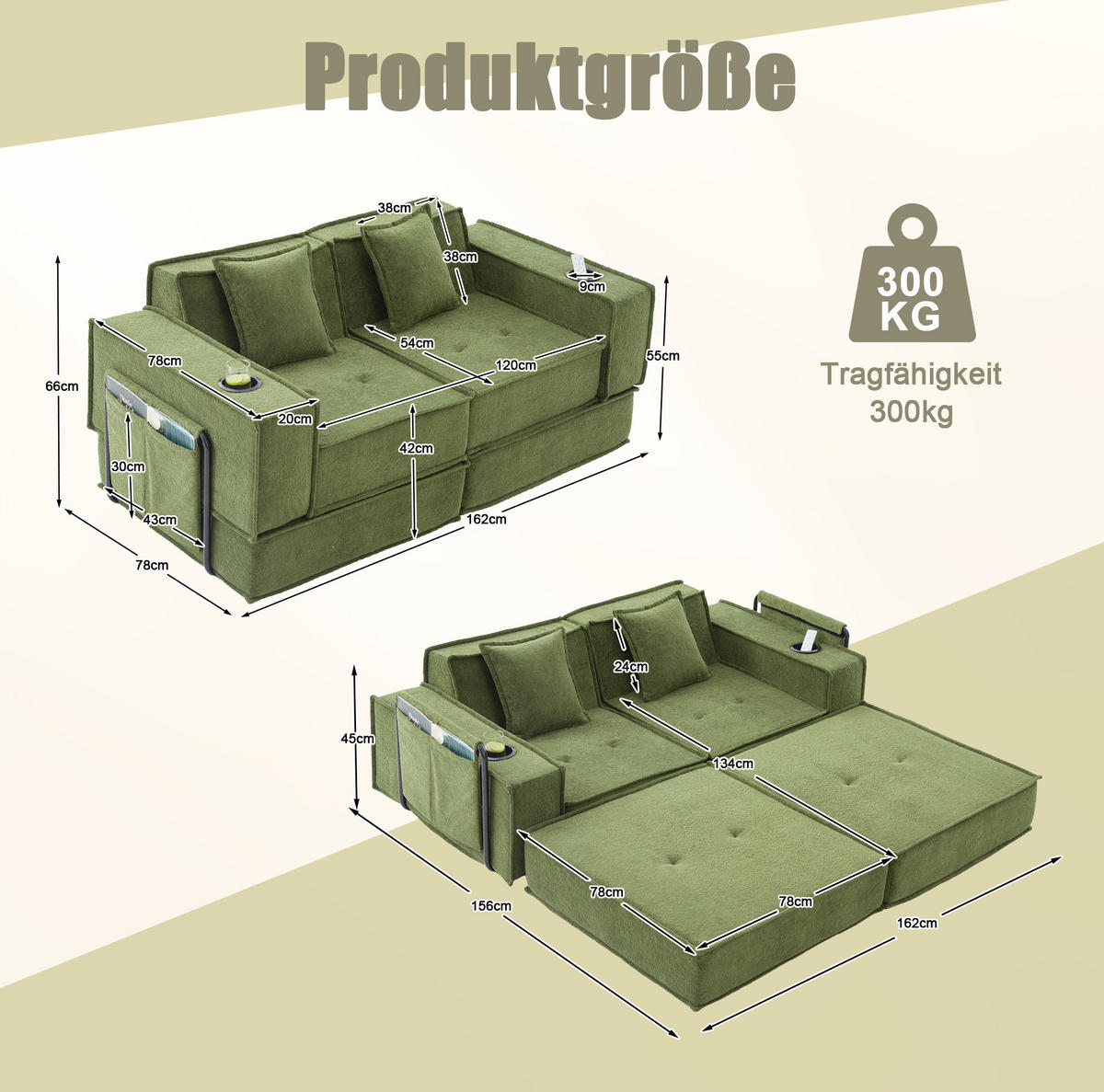 2-SITZER-SOFA aus Chenille 162x78x66 cm Grün mit 2 Kissen, Seitentaschen und modularem Design - Grün, Textil (162/66/78cm) - Modfu