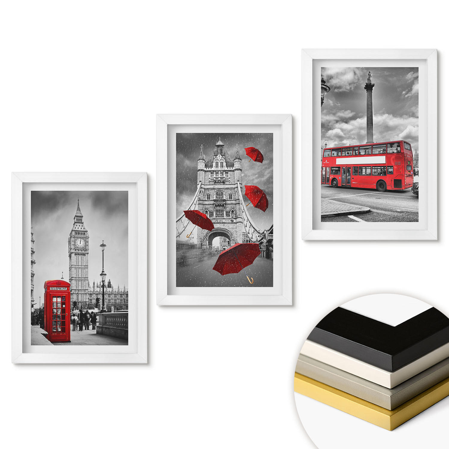 WANDBILDER 3er-Set - 20x30 cm Weißer Rahmen - Roter Regenschirmstand und Londoner Bus - Weiß, Kunststoff (20/30cm) - ArtPrintCave