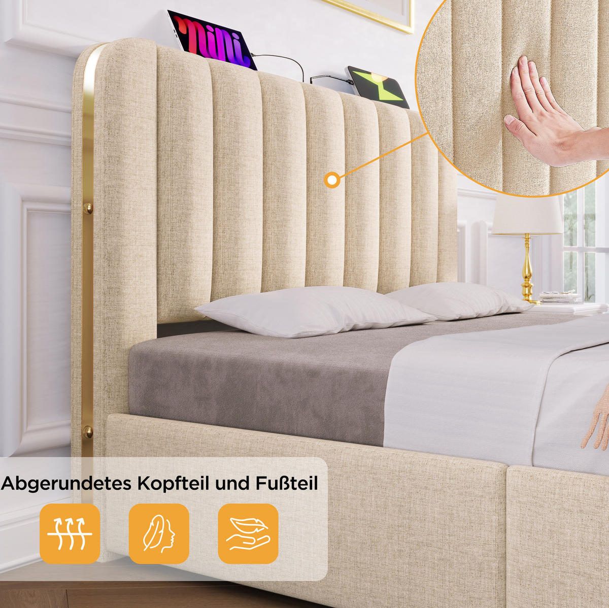 POLSTERBETT 140/200 cm Beige aus Leinen mit 4 Schubladen - Beige, Textil (140/200cm) - OKMYHOME