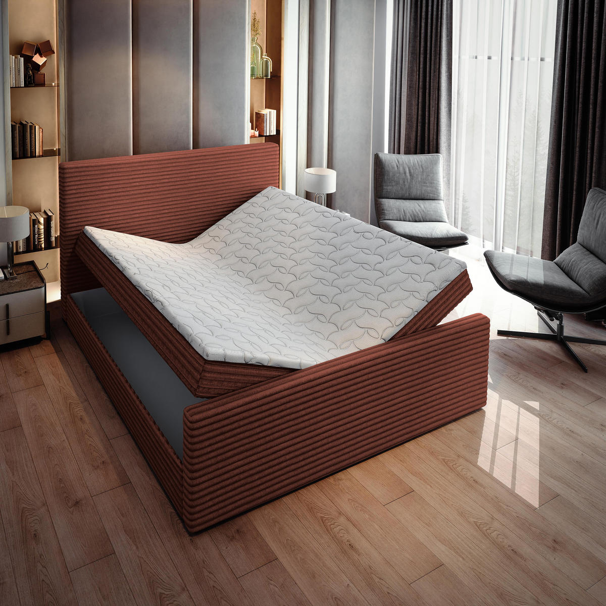 BOXBETT BRENTO 140x200 cm mit Matratze und Topper - Braun - Braun, Holz (140/200cm) - MASSENO