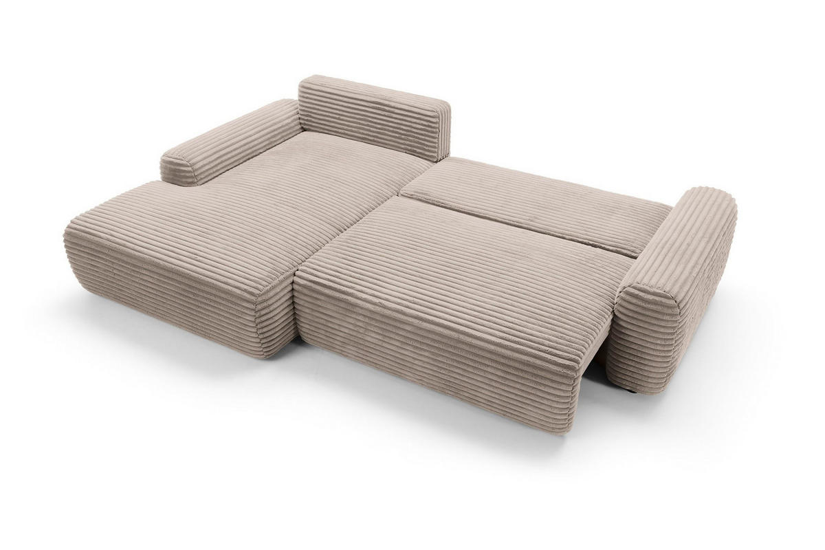 ECKSOFA OSSO Beige Velours-Stoff mit Schlaffunktion - Beige, Holz (264/162cm) - MASSENO