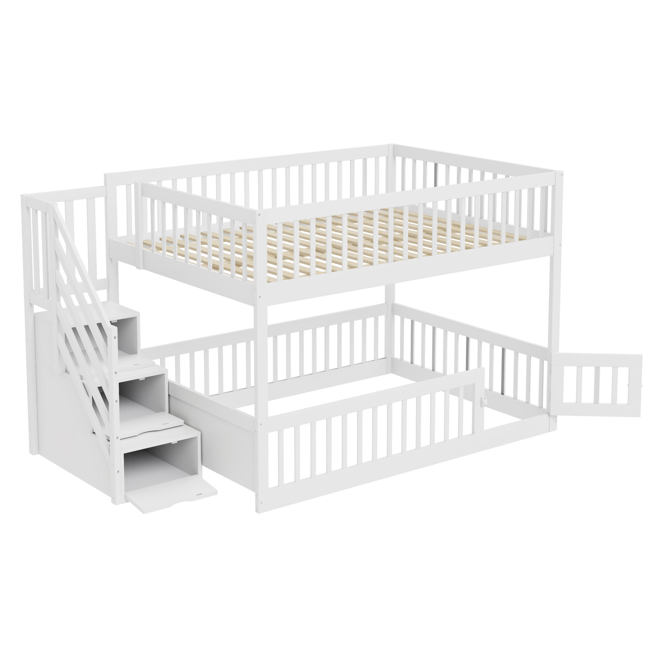 ETAGENBETT Holz 140 x 200 cm Weiß/Grau mit Treppe und Schubladen - Weiß, Holz (140/200cm) - ComfortXL