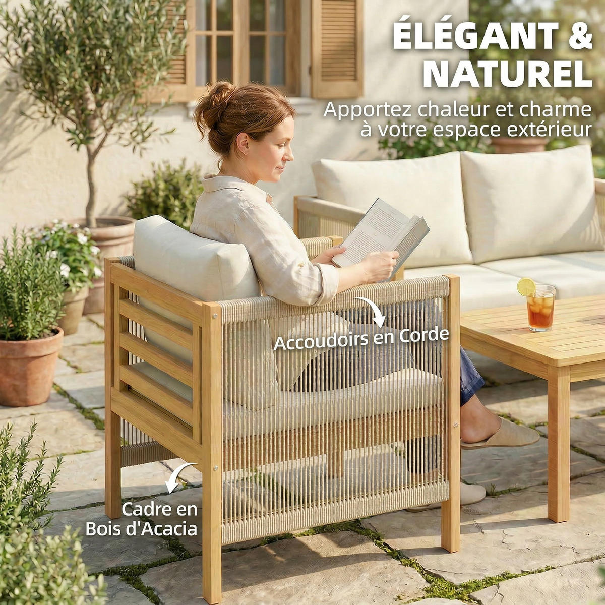 GARTENSET DE-13511 4-teilig mit Akazienholz & Seil Natur - Beige, Holz - ComfortXL