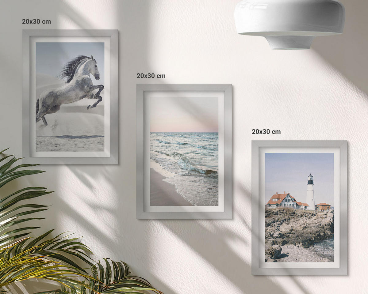 WANDBILDER 3er Set - 20x30 cm Silberner Rahmen - Pferde, Strand, Leuchtturm, Wellen - Silberfarben, Kunststoff (20/30cm) - ArtPrintCave