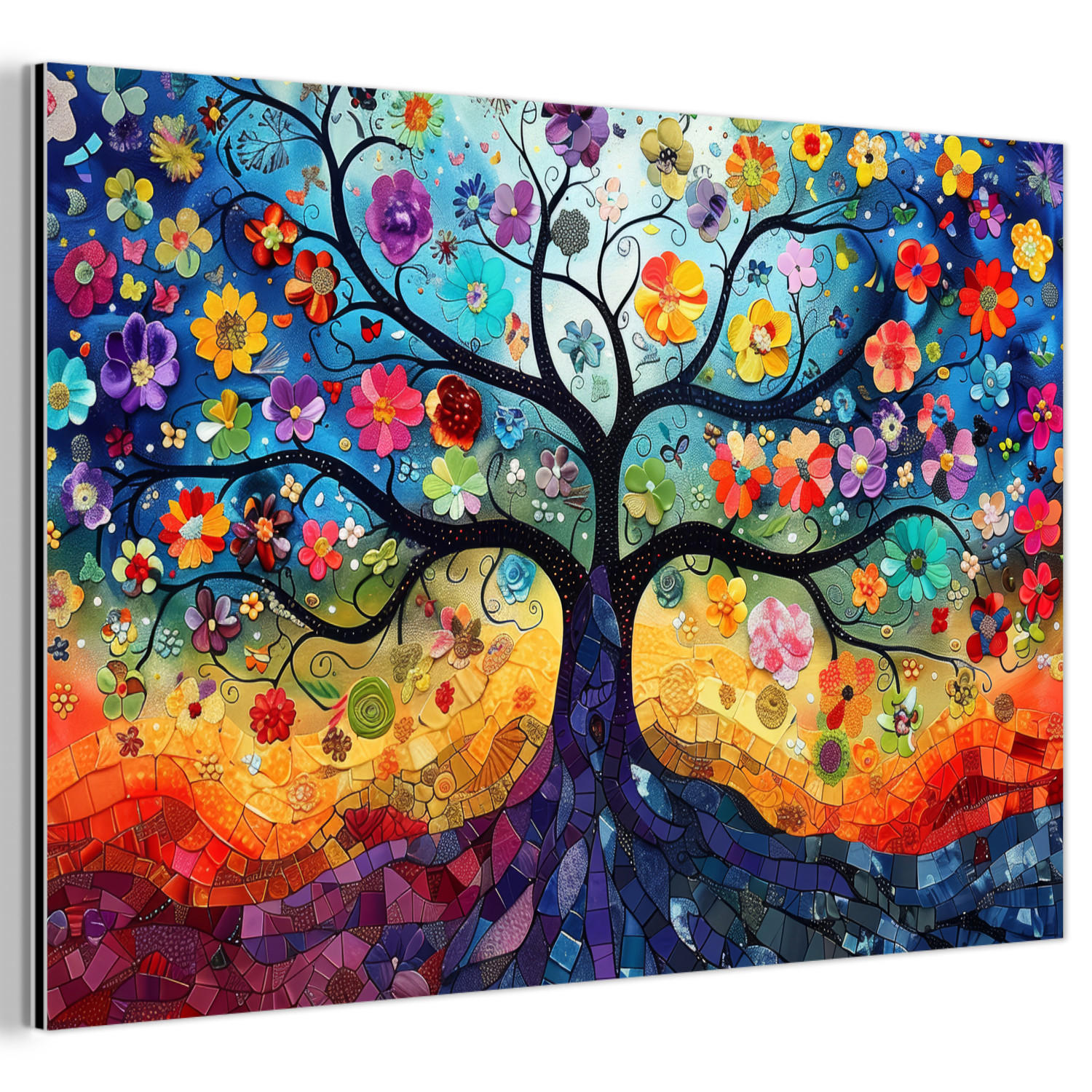 METALLBILD Kunst - Baum des Lebens - Blumen - Hippie 120x80 cm - Dunkelblau, Metall (120/80cm) - MuchoWow