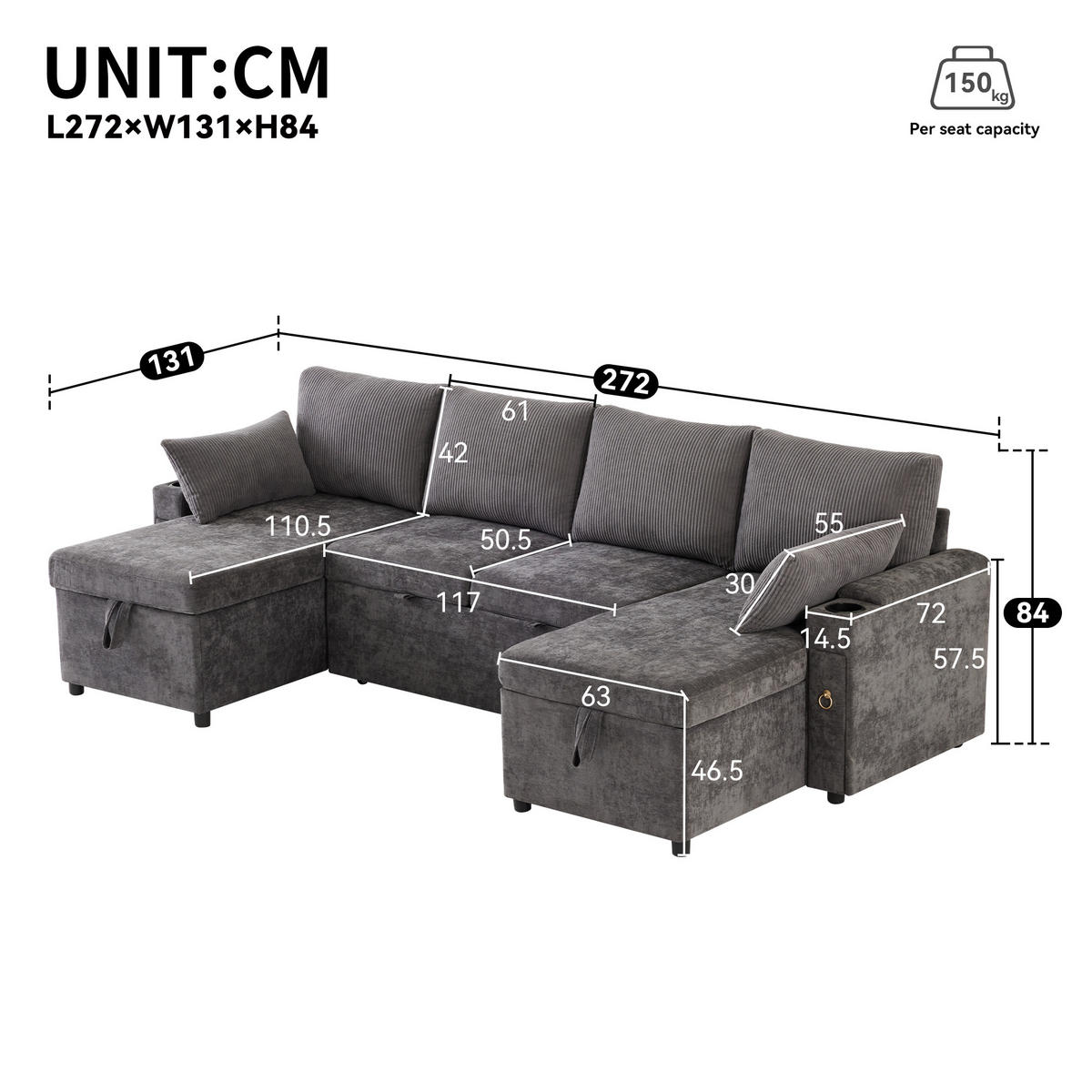 SCHLAFSOFA 272/131/84 cm Grau mit Getränkehaltern und Stauraum - Grau, Textil (272/84/131cm) - Oxeza