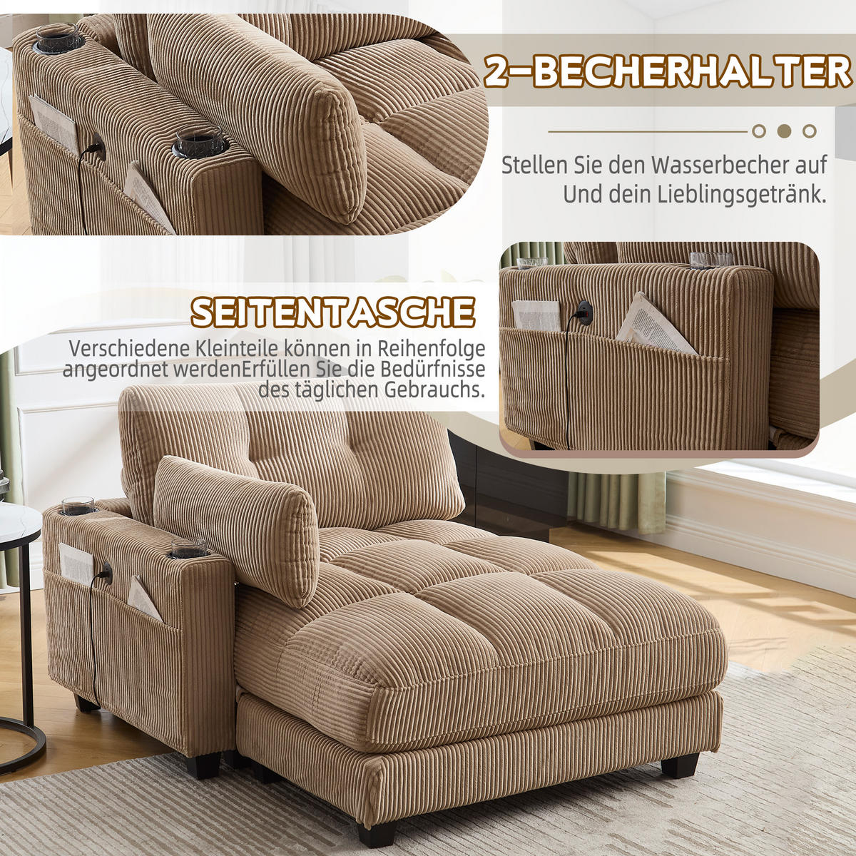 RÉCAMIERE Cord Khaki mit USB, Becherhaltern und Seitentasche - Hellbraun, Holzwerkstoff/Kunststoff (140/81/121cm) - WISHDOR