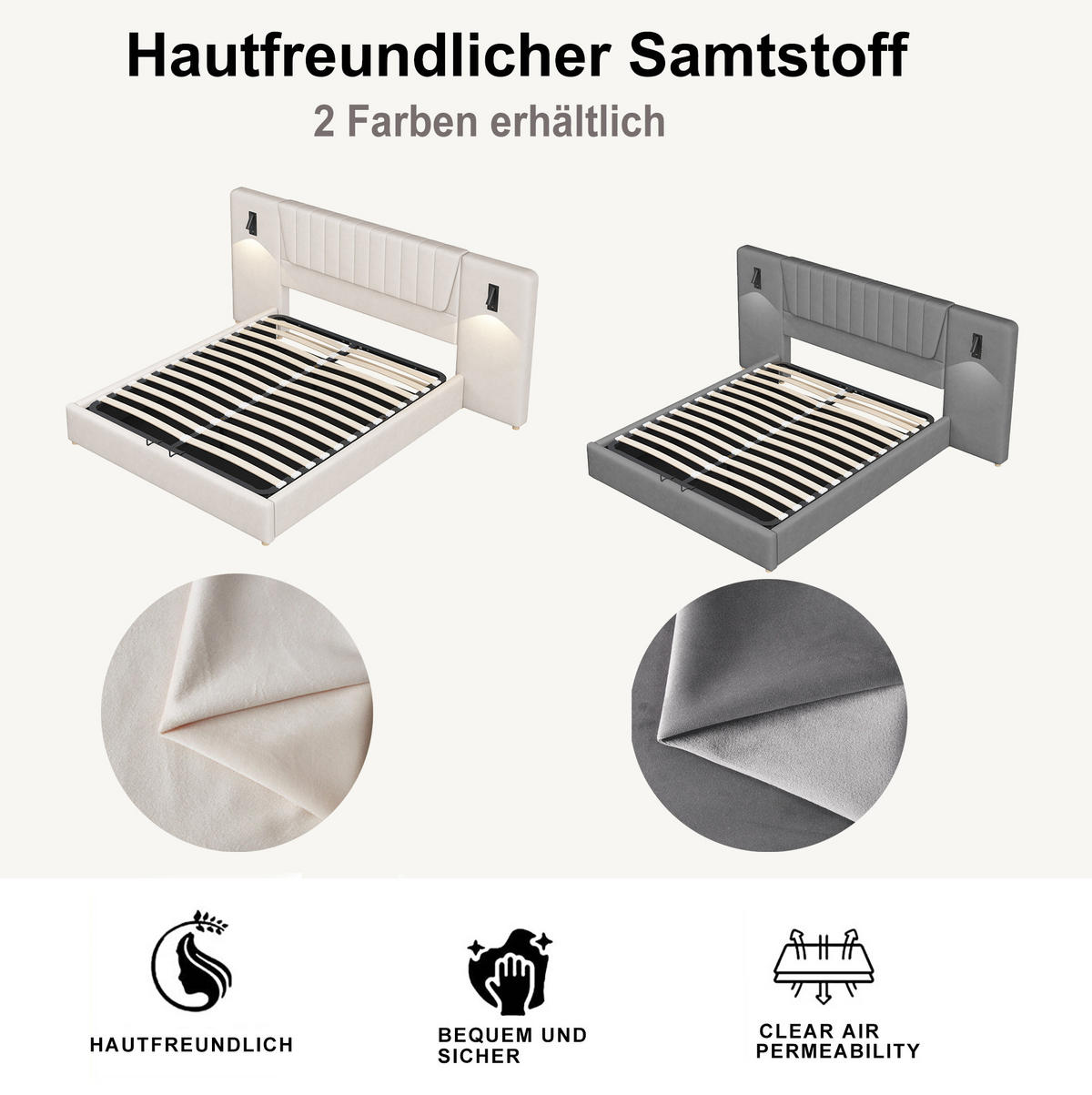 POLSTERBETT 180/200 cm in Beige mit Stauraum, Leselampen und USB-Anschlüssen - Beige, Textil (180/200cm) - Flora Grace