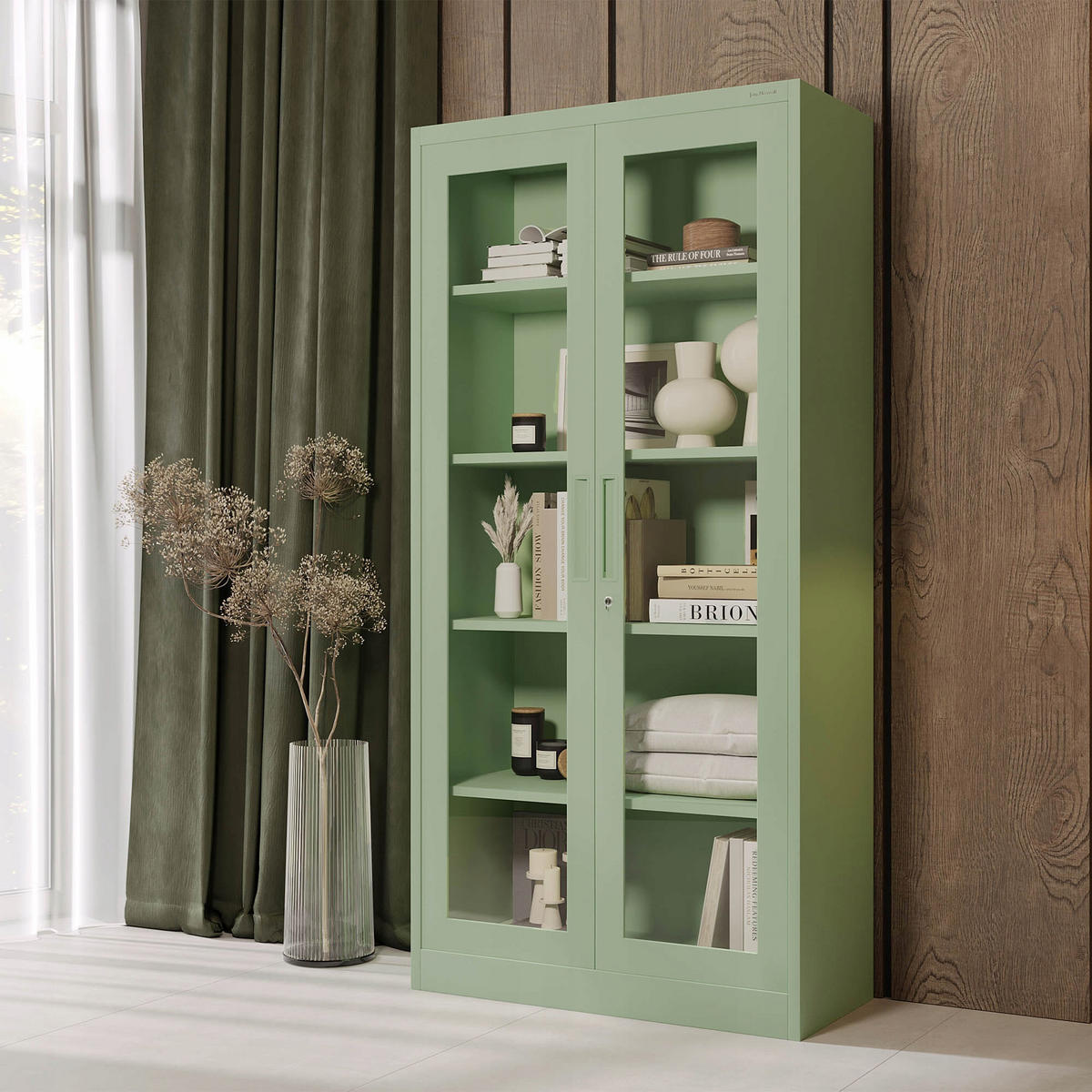 VITRINE mit Glastüren AMELIA 185x90x40 cm - Grün, Metall (90/185/40cm) - Jan Nowak