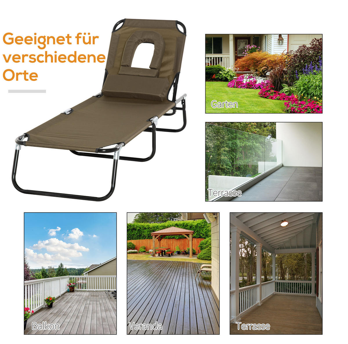 SONNENLIEGE aus Oxford-Gewebe 190x56x28 cm Braun faltbar mit Leseloch und 4-fach verstellbarer Rückenlehne - Braun, Textil (56/28/190cm) - Modfu