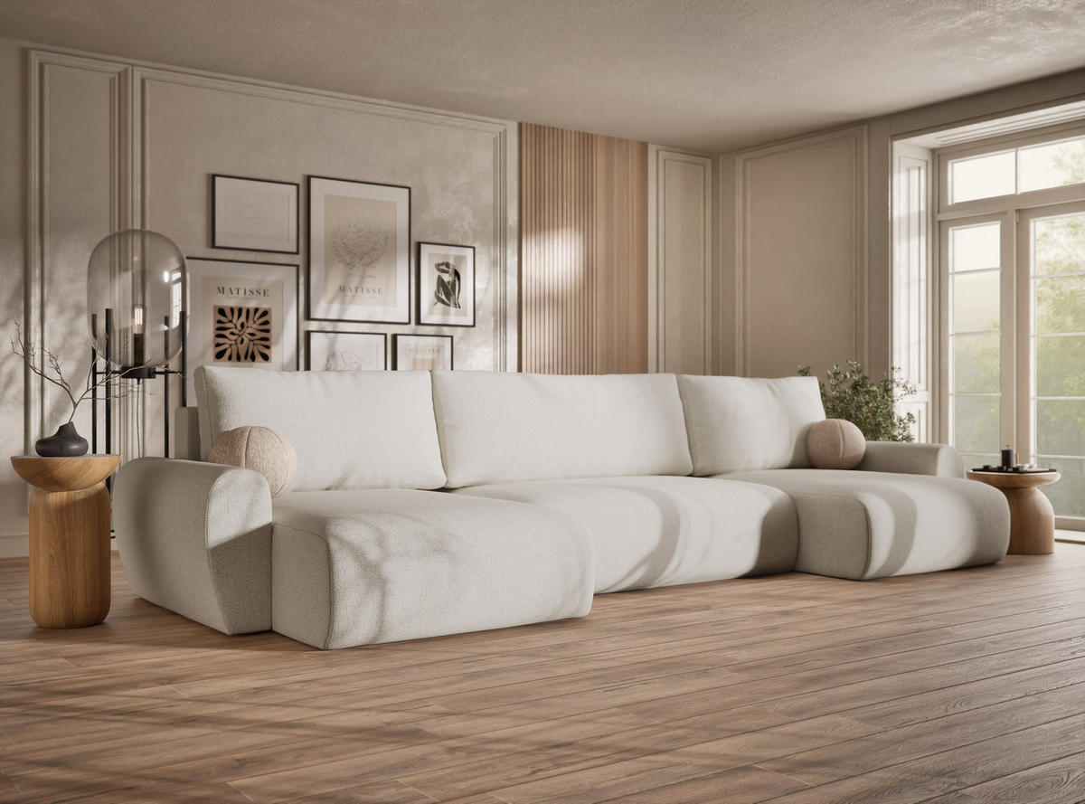 WOHNLANDSCHAFT MIT SCHLAFFUNKTION Numba Creme Webstoff - Creme/Schwarz, Holz/Holzwerkstoff (397/70/153cm) - Maison de Reve