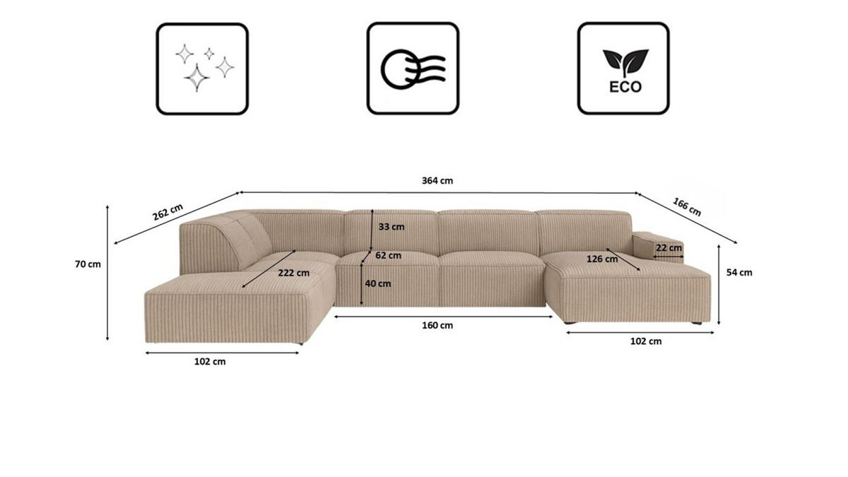 ECKSOFA Cursal V, Stoff Poso, Dunkelbeige, Links - Beige, Holz (364/262cm) - Kaiser Möbel