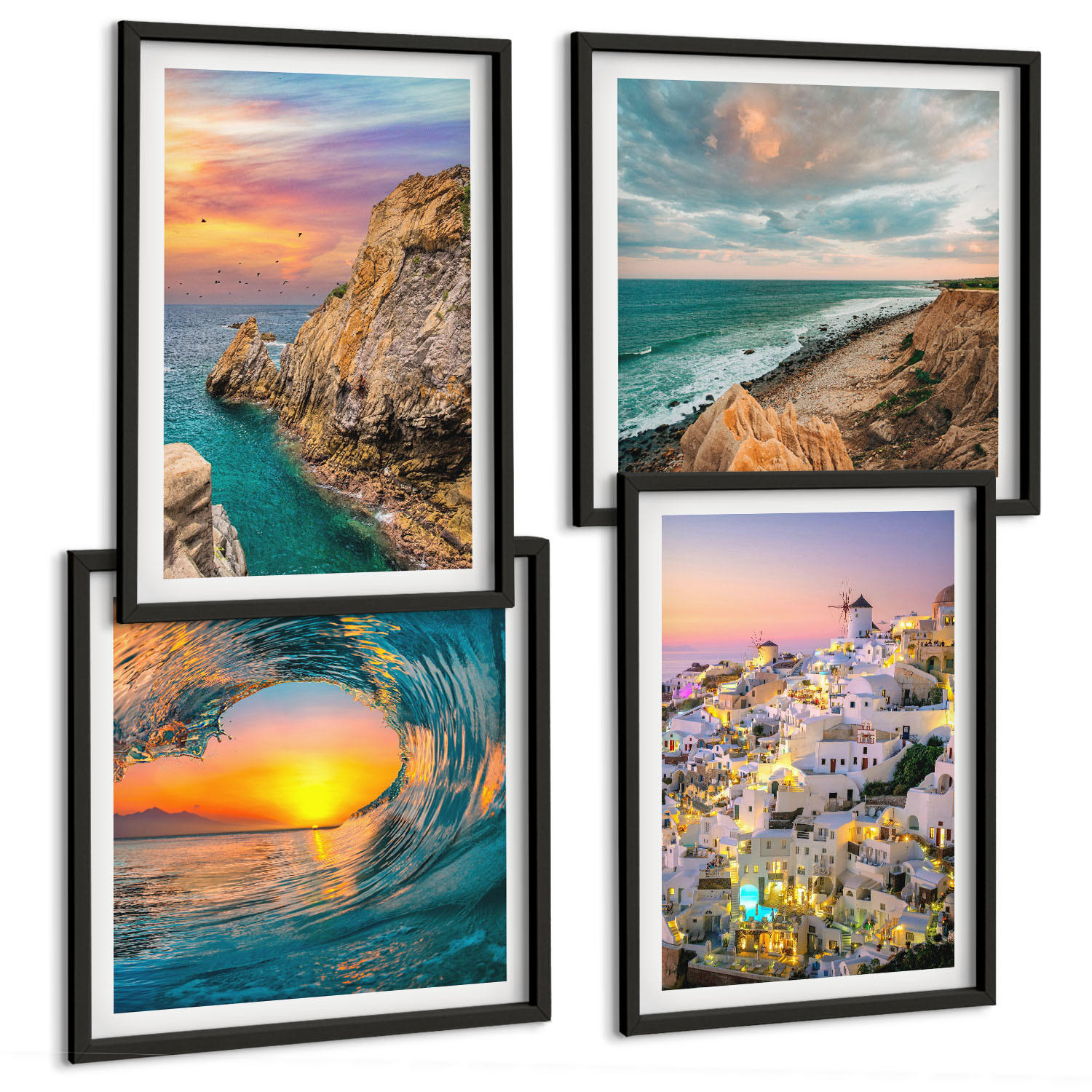 BILDER SET 4er Set - 50x50 cm & 40x60 cm Schwarzer Rahmen - Meereswellen, weiße Häuser, Santorini - Schwarz, Kunststoff (50/50cm) - TULUP