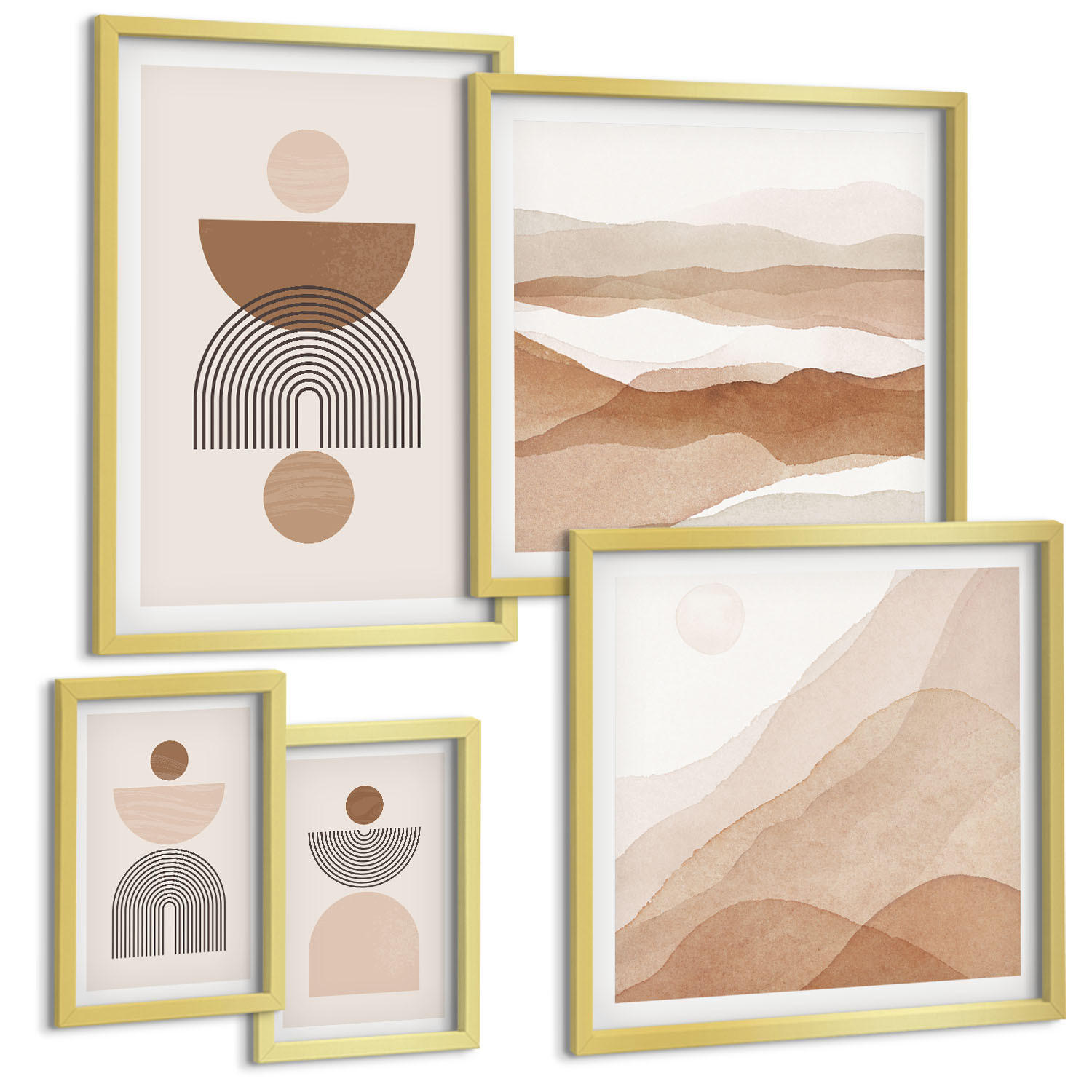 BILDER SET 5er Set - 50x50 cm & 20x30 cm & 40x60 cm Goldrahmen - Abstraktes Boho-Design - Goldfarben, Kunststoff (40/60cm) - TULUP