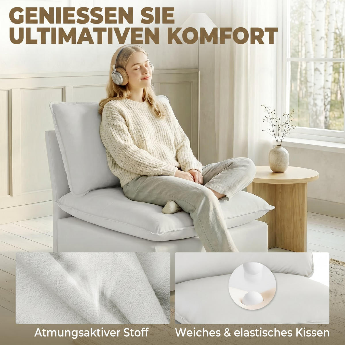AKZENTSTUHL DE-06597 Moderner Leathaire-Stuhl, dicke Polster Grau - Grau, Holz/Textil (74/78/85cm) - ComfortXL