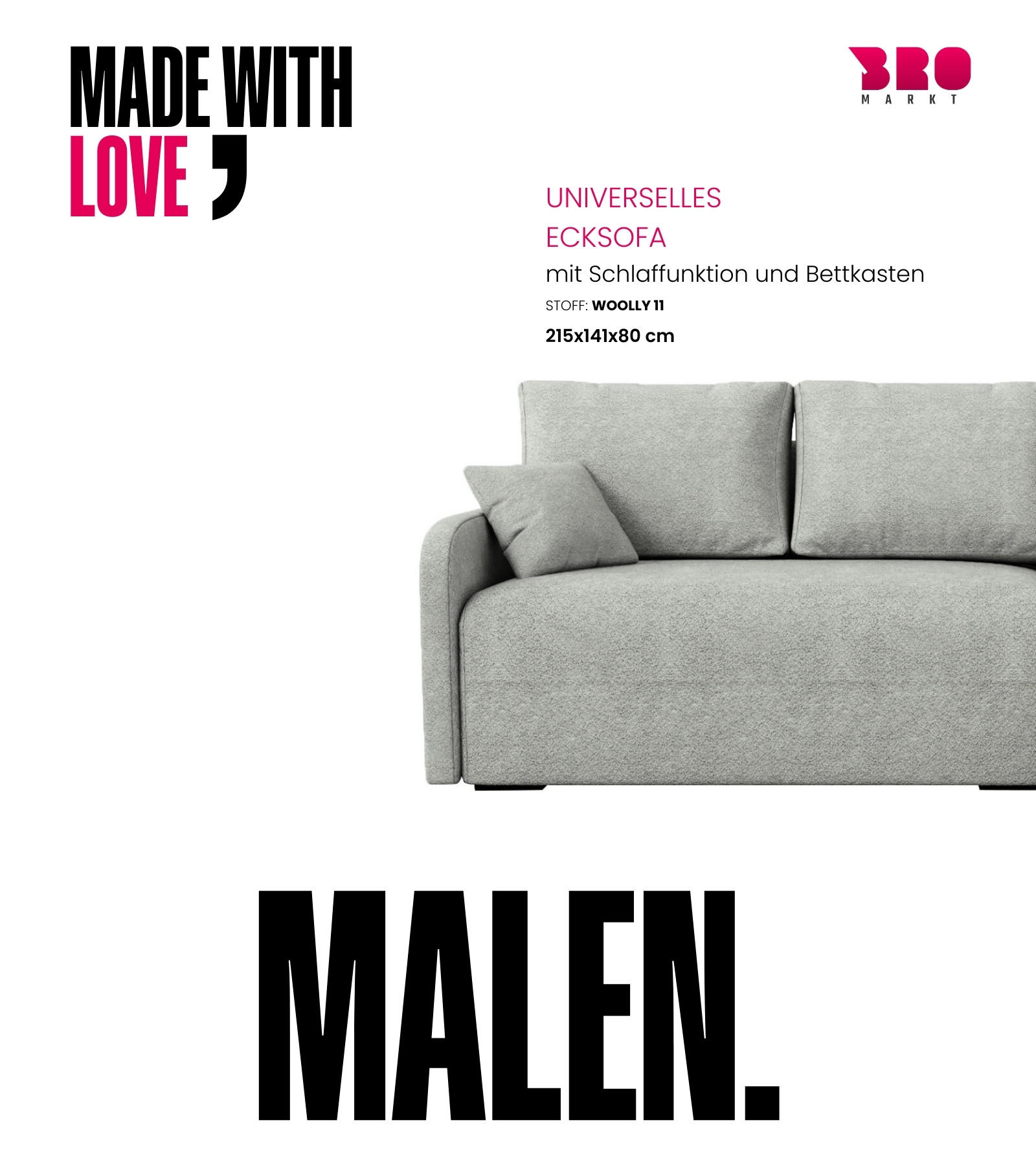 ECKSOFA Malen mit Schlaffunktion Grau Bouclé - Hellgrau, Textil (215/141cm) - Bromarkt