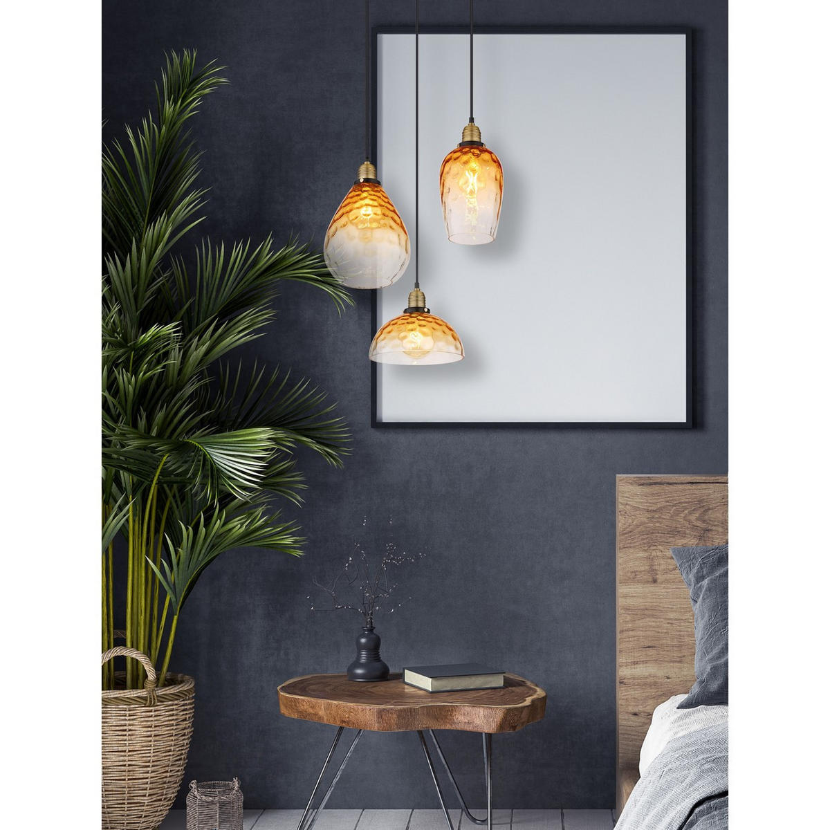 HÄNGELEUCHTE Metall Schwarz Amber 3-Flammig - Schwarz, Glas (46/46/150cm) - Globo Lighting
