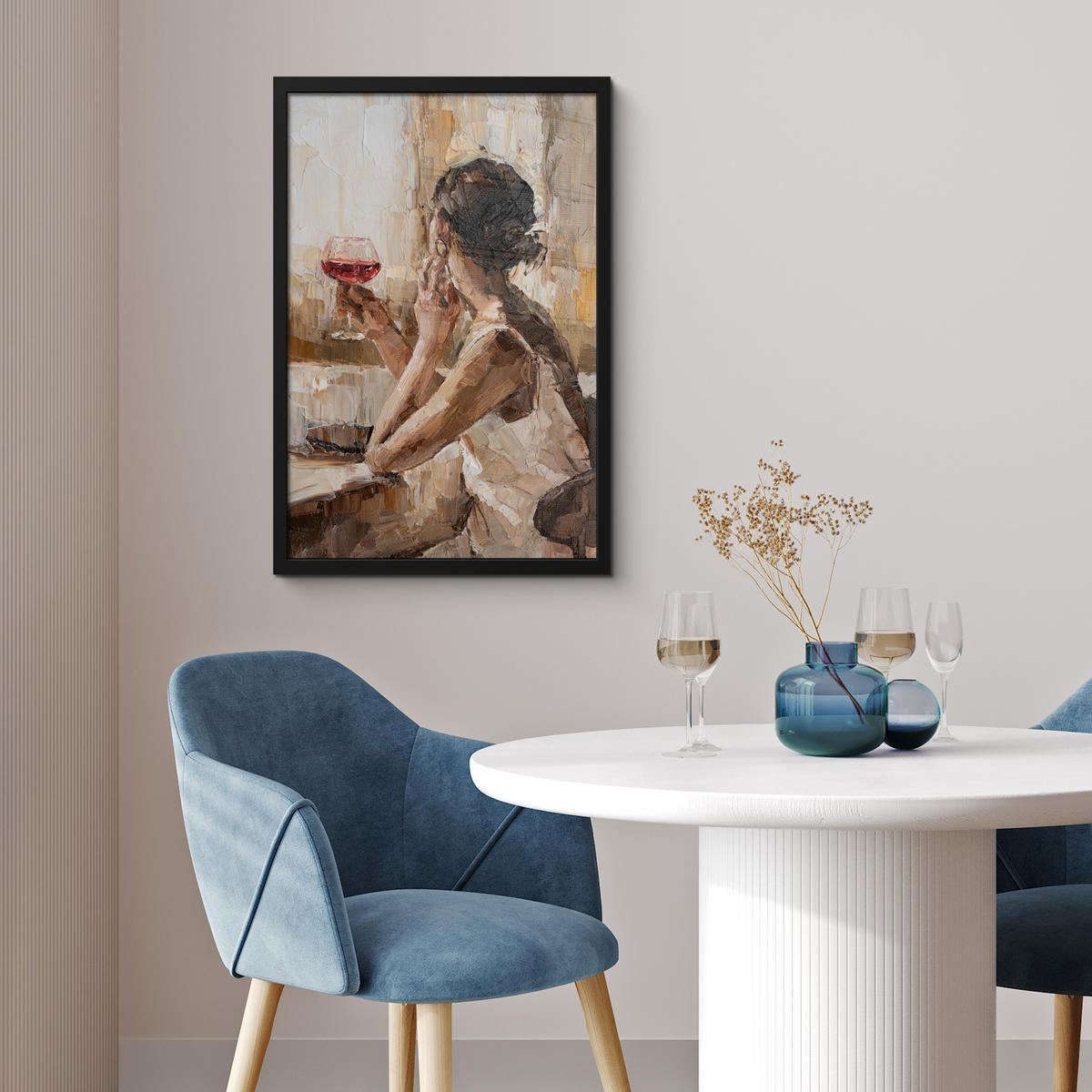 GERAHMTES BILD Ölgemälde - Frau - Wein 40x60 cm - Hellbraun, Papier (40/60cm) - MuchoWow