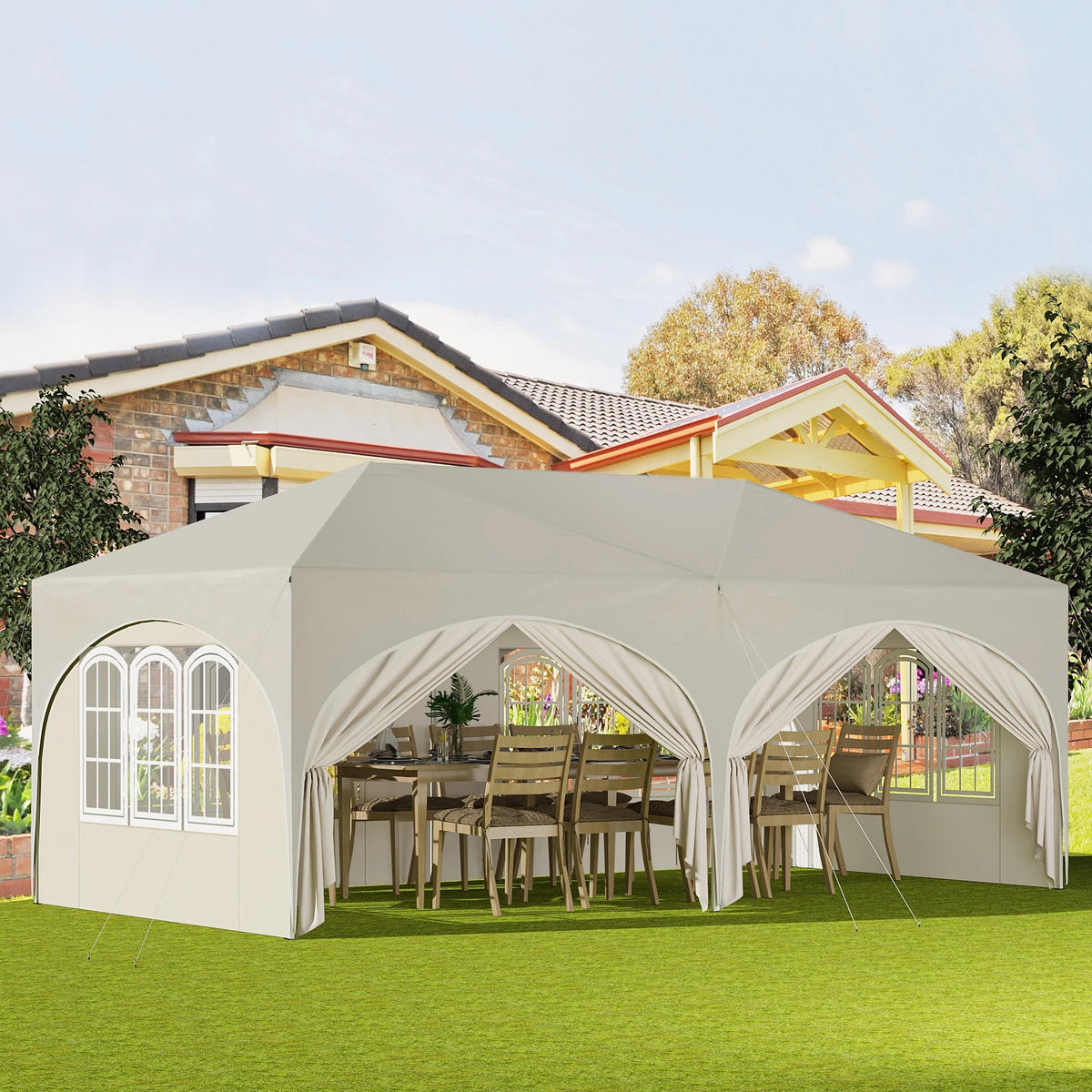 PAVILLON 3x6 m Beige mit 6 Seitenwänden - Beige, Textil/Metall (583/293cm) - Kaket