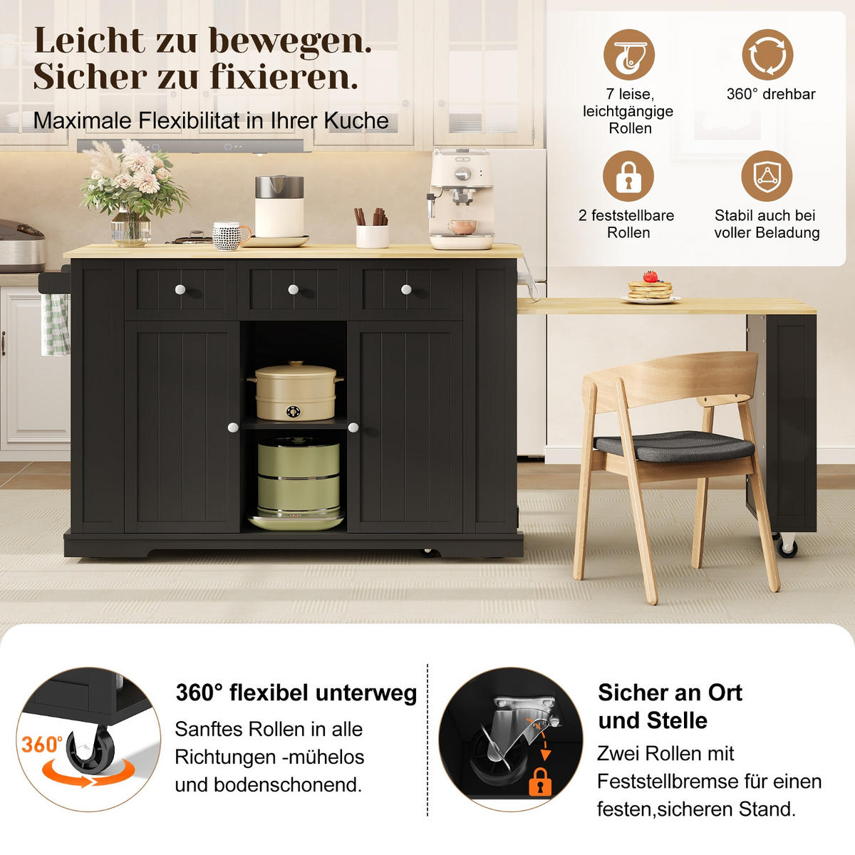 KÜCHENINSEL 138/55/93 cm Schwarz mit 3 Schubladen, ausziehbarem Esstisch und 7 Rädern - Schwarz, Holz/Holzwerkstoff (55/93/138cm) - Oxeza