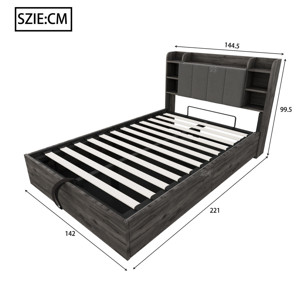 KREVET 140/200 cm s hidrauličnim spremištem, USB i USB-C priključkom te uzglavljem s policama, Siva - siva, drvni materijal (140/200cm) - Redom
