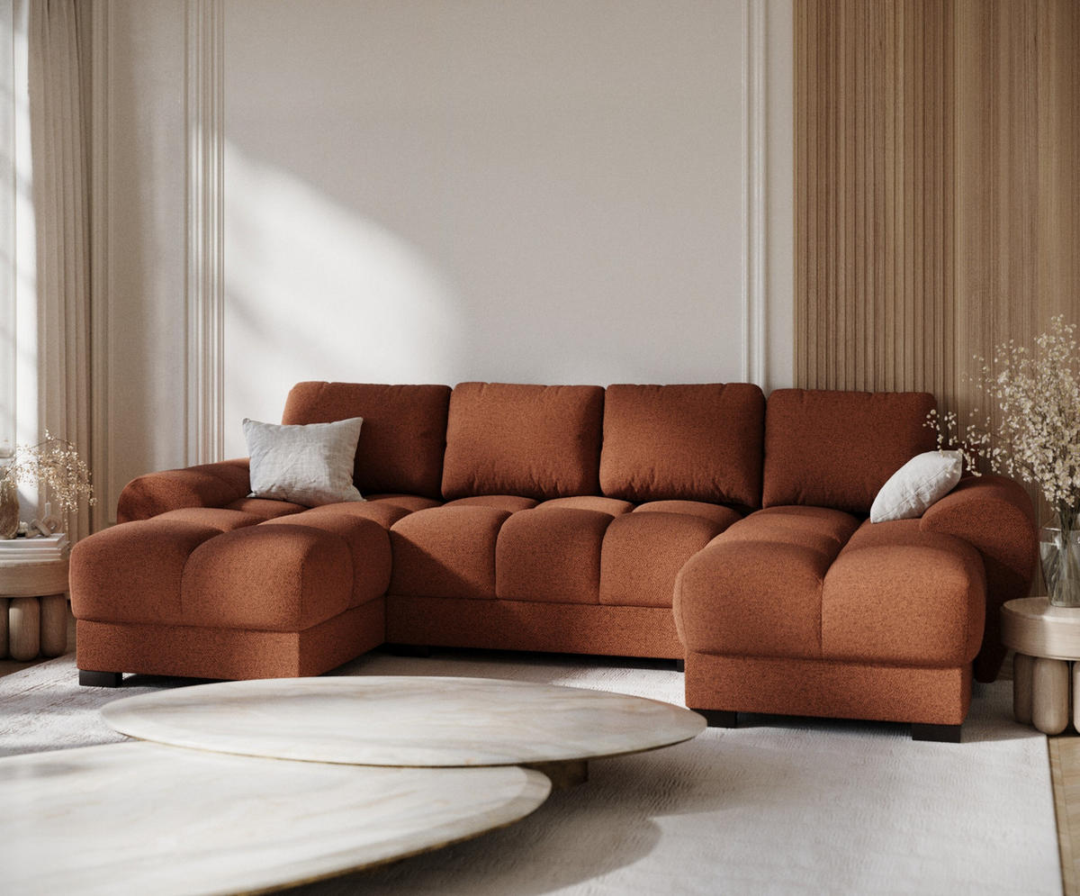 WOHNLANDSCHAFT Peebles Kupferfarbe Webstoff - Schwarz/Kupferfarben, Holz/Holzwerkstoff (330/90/175cm) - Maison de Reve