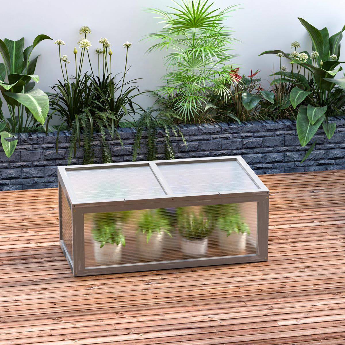 FRÜHBEET Gewächshaus mit Abdeckung, wetterfest, aus Holz und Polycarbonat, Grau - Grau, Holz/Kunststoff (46/40/90cm) - Outsunny