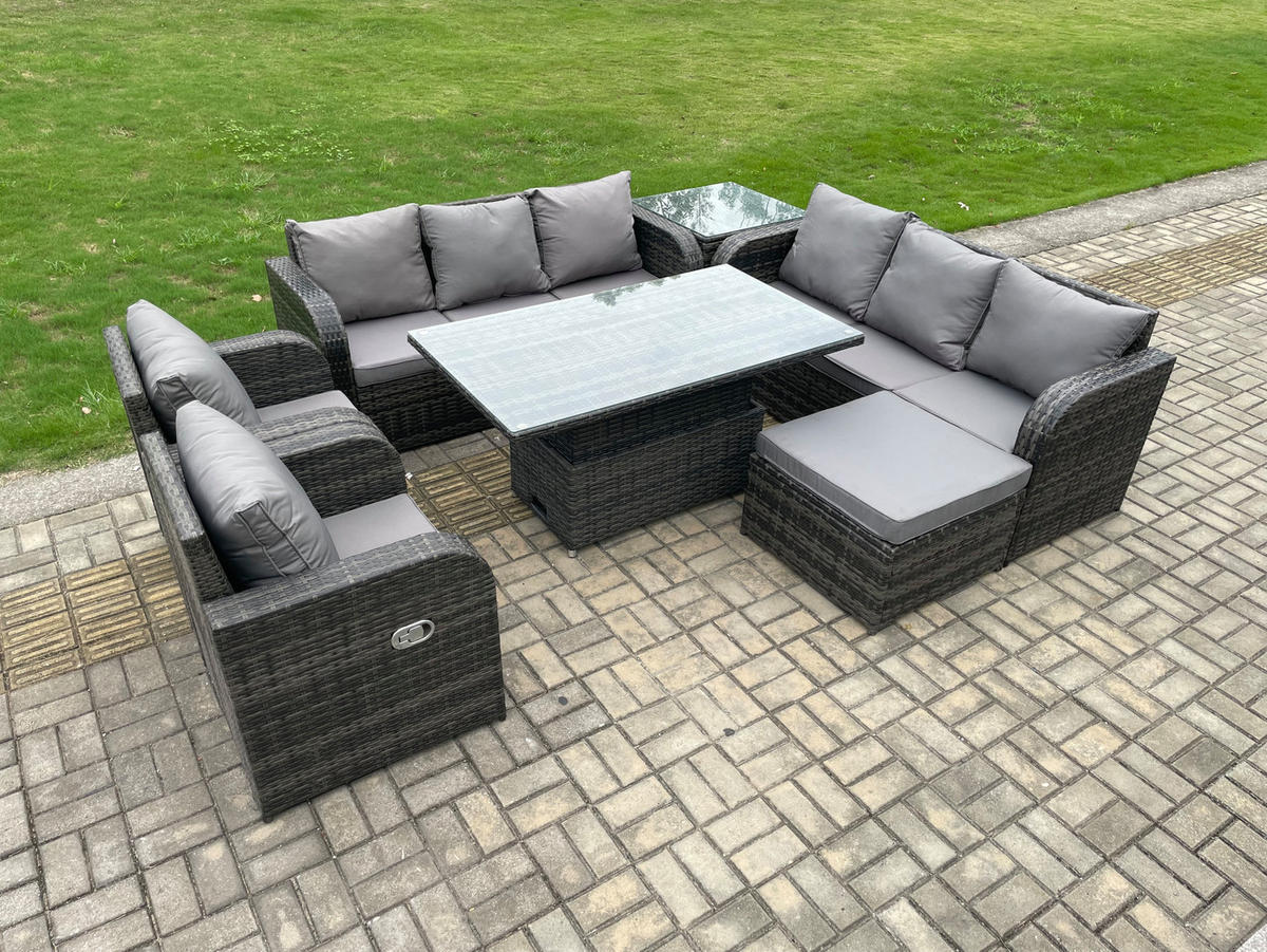 GARTENSET MIT BEISTELLTISCH Polyrattan Outdoor 9-Sitzer - Dunkelgrau/Grau, Glas/Kunststoff - Fimous