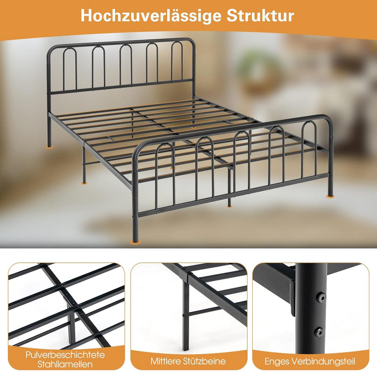 BETTRAHMEN Metallbett Schwarz - Schwarz, Metall - COSTWAY