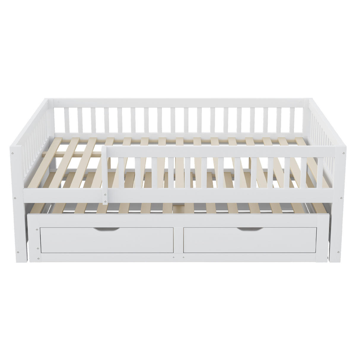 MULTIFUNKTIONSBETT 140/200 cm aus Massivholz mit Sicherheitsgitter und Ausziehbett Weiß - Weiß, Holz - OKWISH