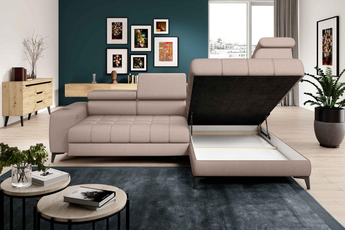 ECKSOFA BAGGIO Letto Stoff, Schlaffunktion, Bettkasten, Sitztiefe, Kopfstützen 280x196cm – Rechts – Beige - Beige, Holz/Textil (280/196cm) - DomoHome