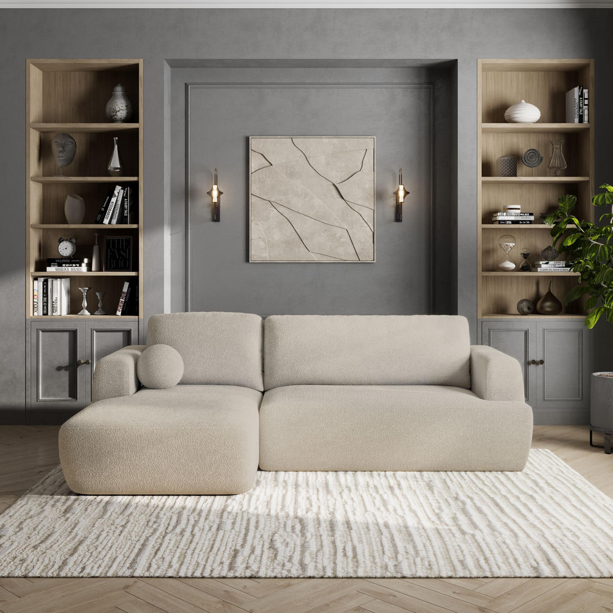 ECKSOFA SENTI N L-S Creme Boucle-Stoff mit Schlaffunktion - Creme/Schwarz, Holz/Kunststoff (246/148cm) - MASSENO