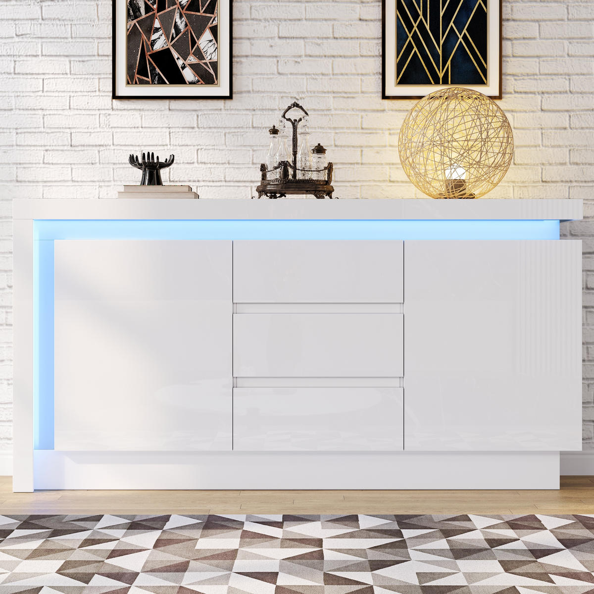 SIDEBOARD in Weiß Sideboard Kommode mit LED, verstellbaren Einlegeböden für Wohn- & Schlafzimmer, B140/T35/H72cm - Weiß, Holzwerkstoff/Metall (140/72/35cm) - STILVORA