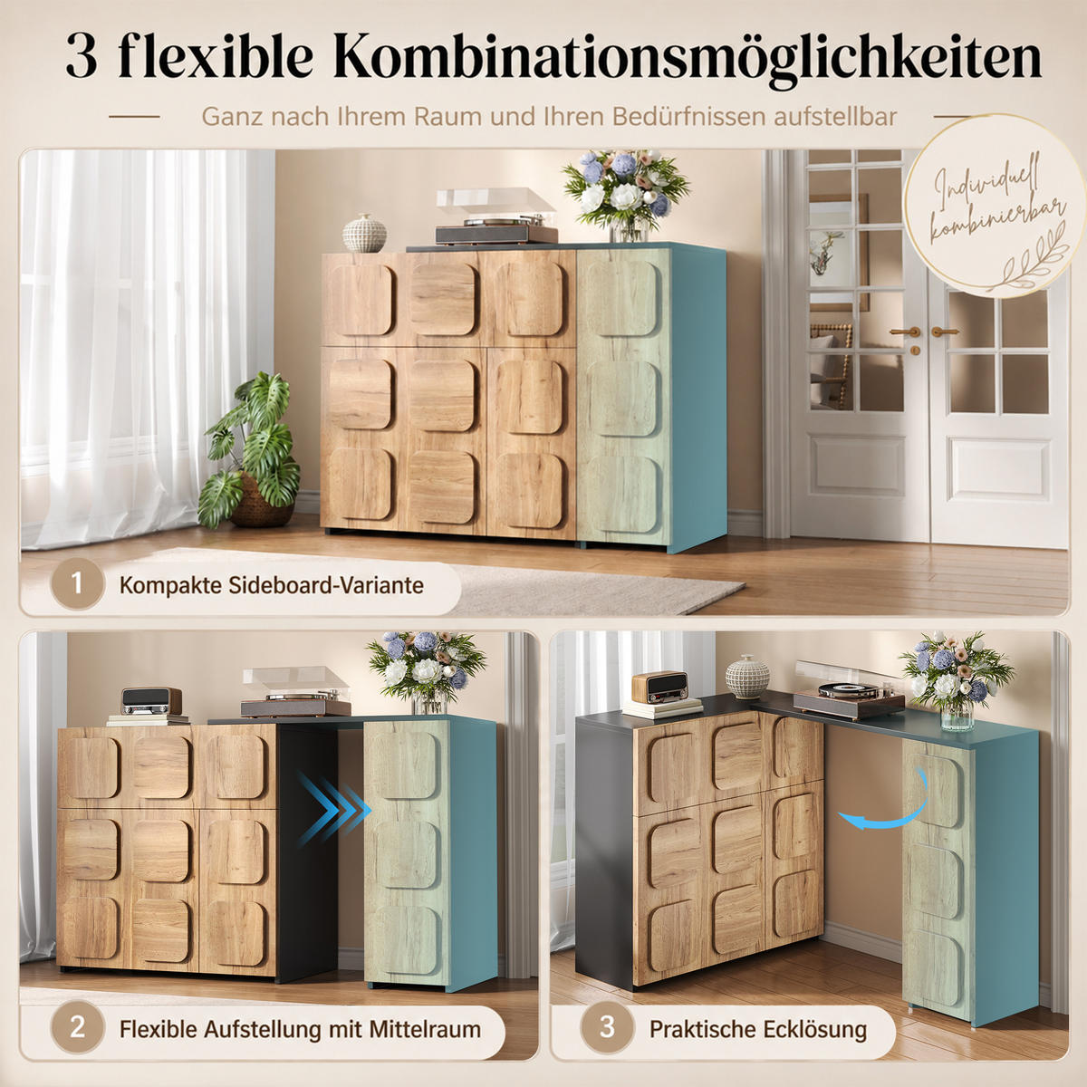 SIDEBOARD mit 3D-Front, flexible/L-Form, 3 Türen 1 Schublade, Holzoptik, Schwarz - Schwarz, Holzwerkstoff (107.5/83.5/35cm) - LVHOM