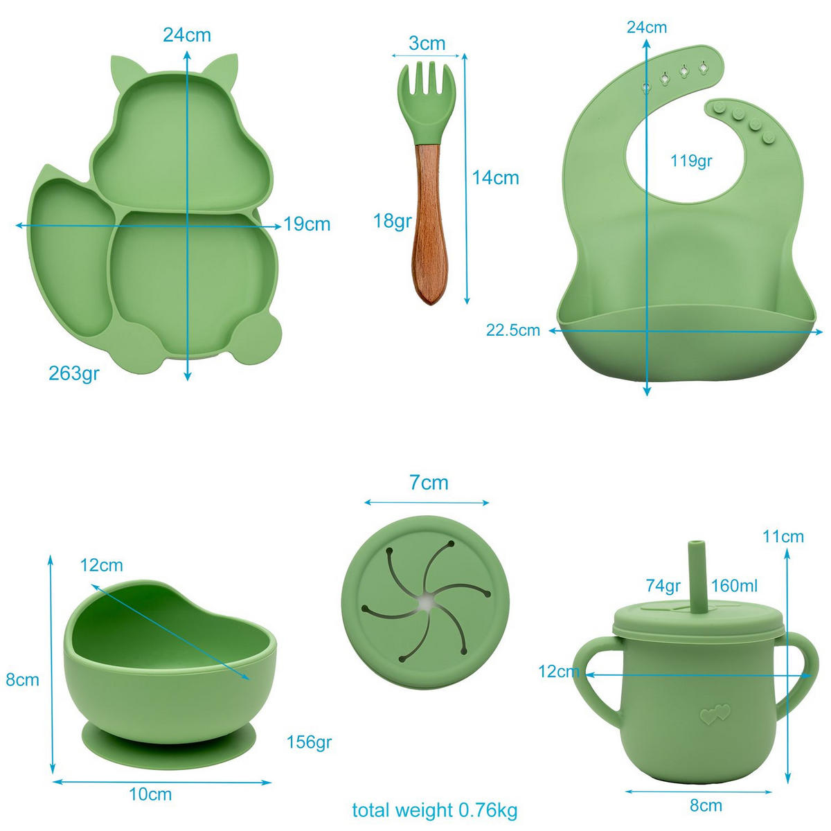 BABY KINDER GESCHIRR SET (8-tlg.) - Grün, Kunststoff (19/4/24cm) - Intirilife