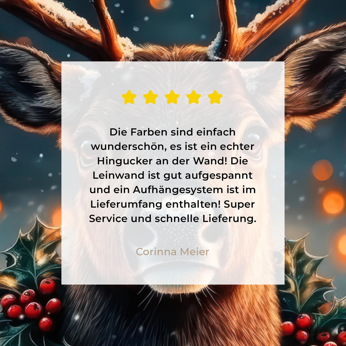 LEINWANDBILD Hirsch - Weihnachten - Winter - Schnee - Weihnachtskranz 60x80 cm - Dunkelbraun, Textil (60/80cm) - MuchoWow