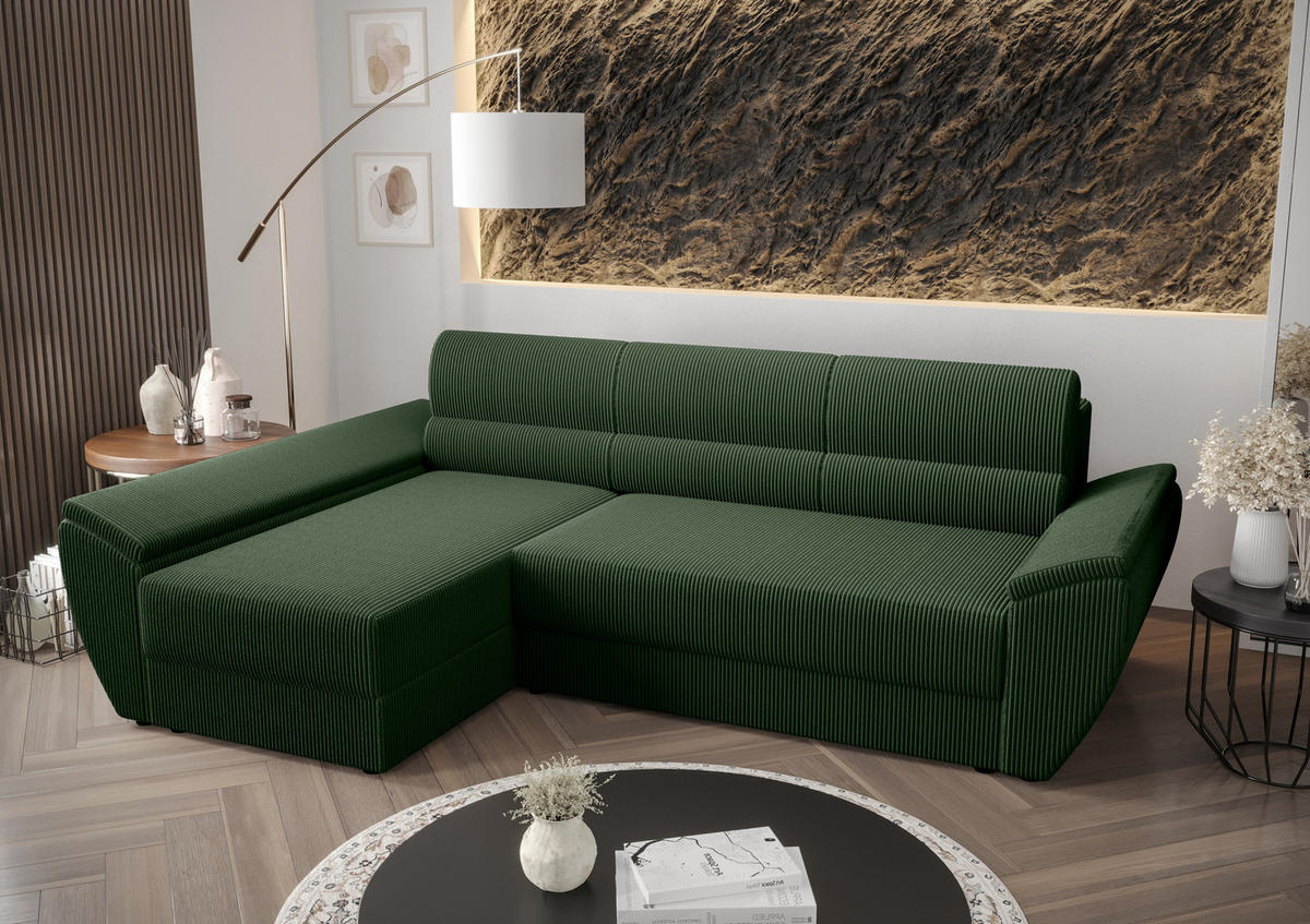 ECKSOFA L REBI L3 Poso 14 Links mit Schlaffunktion, Grün - Grün, Textil (251/140cm)