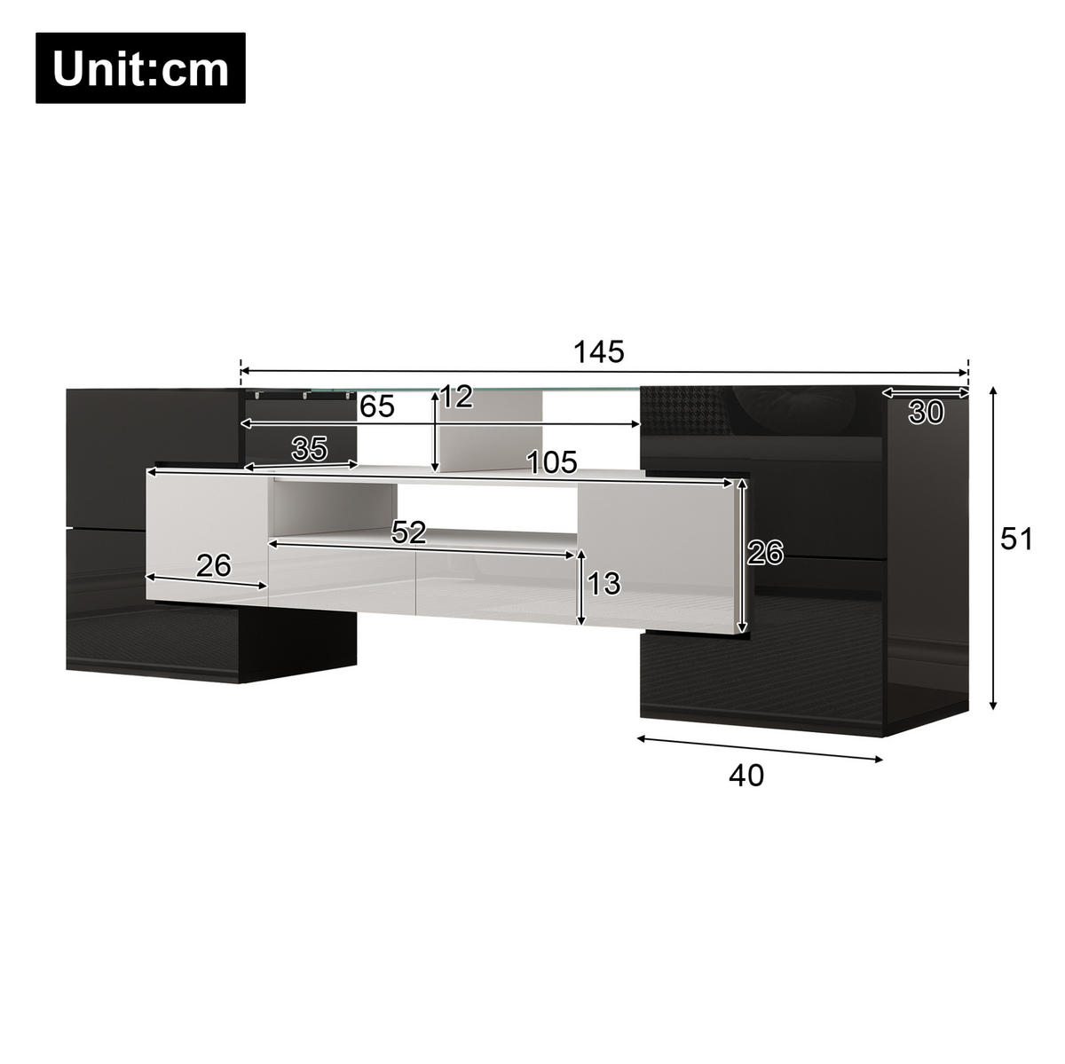 TV stolek 145/30/51 cm s LED osvětlením a velkým úložným prostorem, Bílá/černá - bílá, kompozitní dřevo (145/51/30cm) - Redom