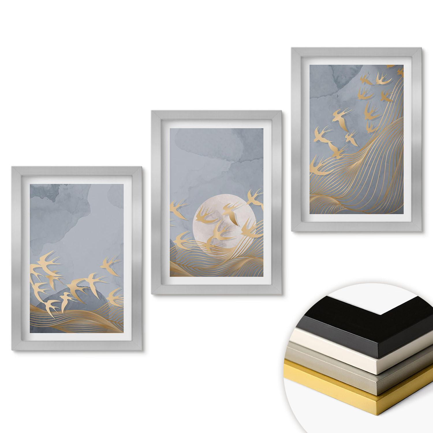 WANDBILDER 3er Set - 20x30 cm Silberner Rahmen - Vögel, die am Himmel fliegen - Silberfarben, Kunststoff (20/30cm) - ArtPrintCave