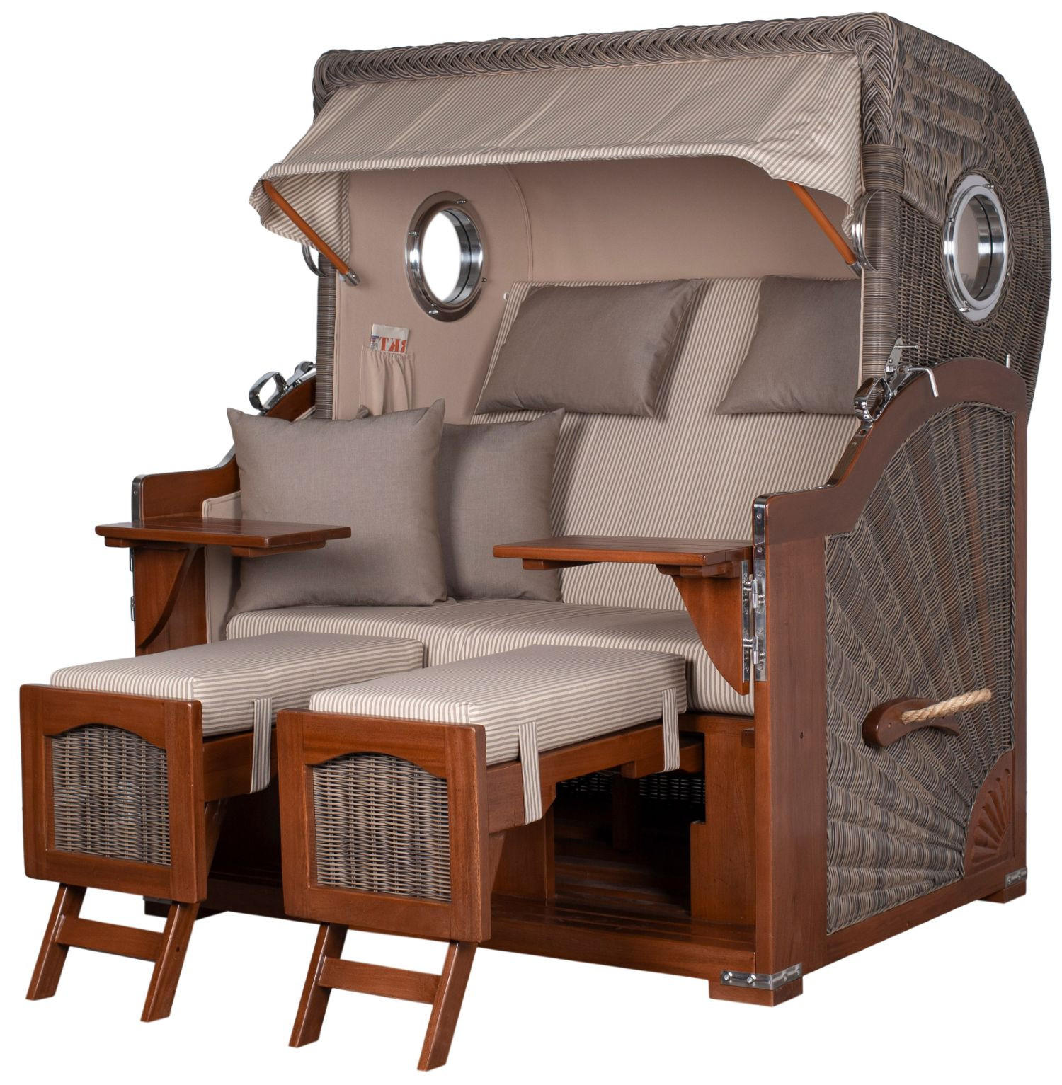 STRANDKORB Komplettset: Ammersee Grande XL Mahagoni Bullauge - PE grau - Modell 510 - Beige/Braun, Holz/Kunststoff (142/165/95cm) - bene living